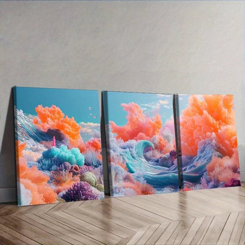 3-Piece Framed Canvas Wall Art Set - Ocean Waves in Vibrant Colors (40x60cm) | High Quality Print | 100% Australian Made | Ready to Hang | Perfect for Living Room, Bedroom & Office Decor
