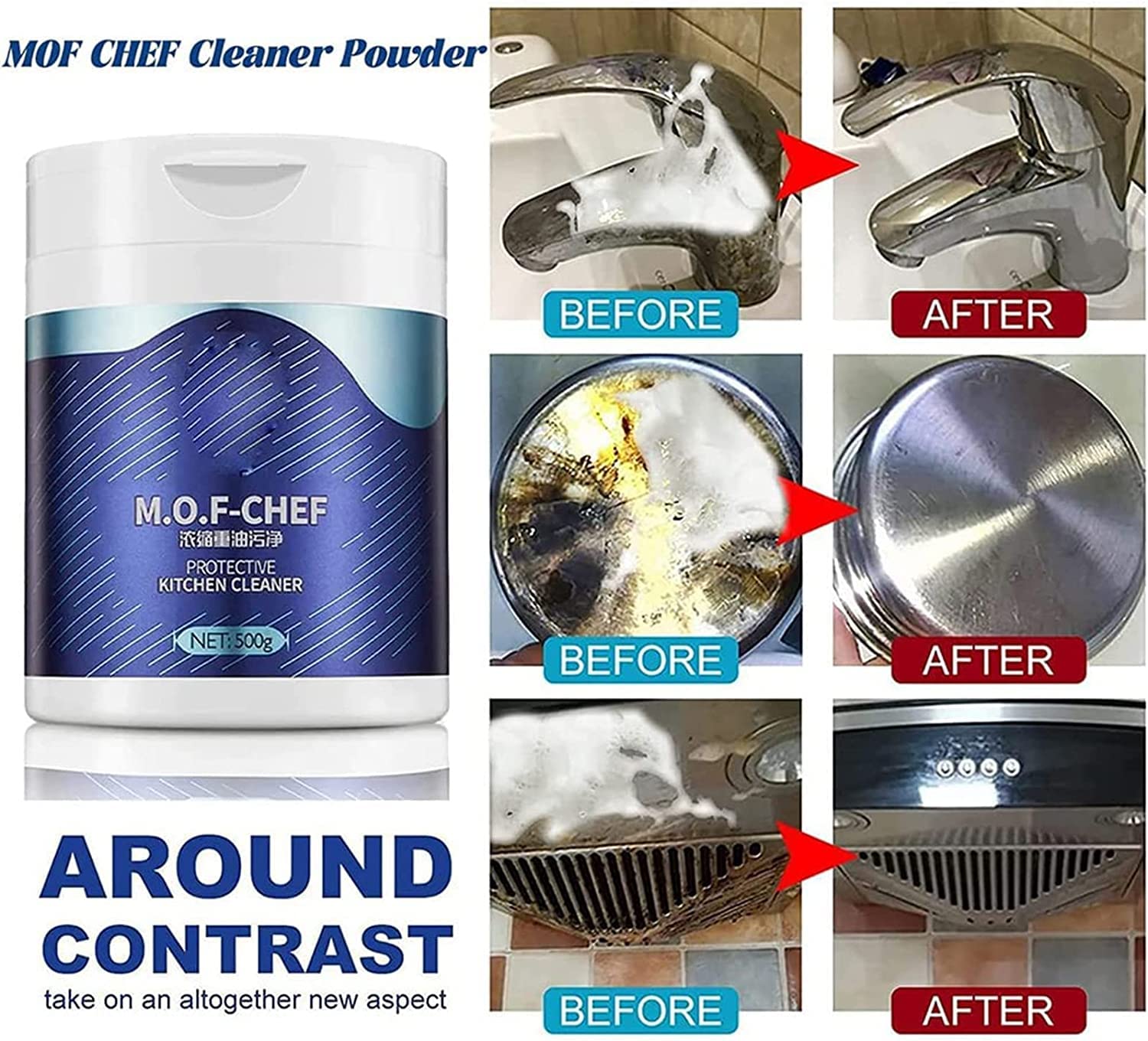 **Mof Chef Cleaner Powder - Heavy Duty Degreaser for Kitchen & Appliances - 17.6oz Bucket - Removes Grease, Stains & Grime - Ideal for Stovetops, Ovens, Grills & More**