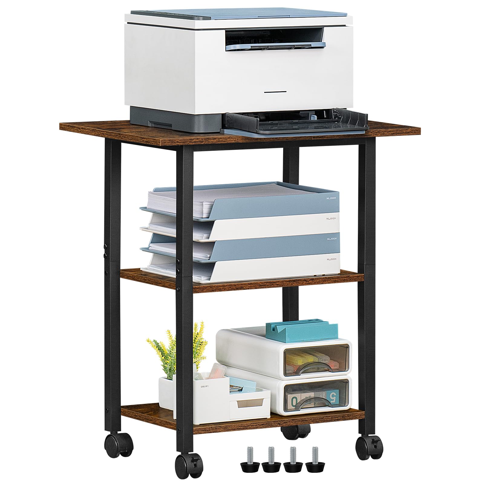 Lerliuo 3-Tier Mobile Printer Stand with Storage Shelf - Heavy Duty Steel Frame Rolling Cart with Lockable Wheels for Home Office Use - Perfect for Laser/Inkjet Printers, Scanners & Office Equipment Organization