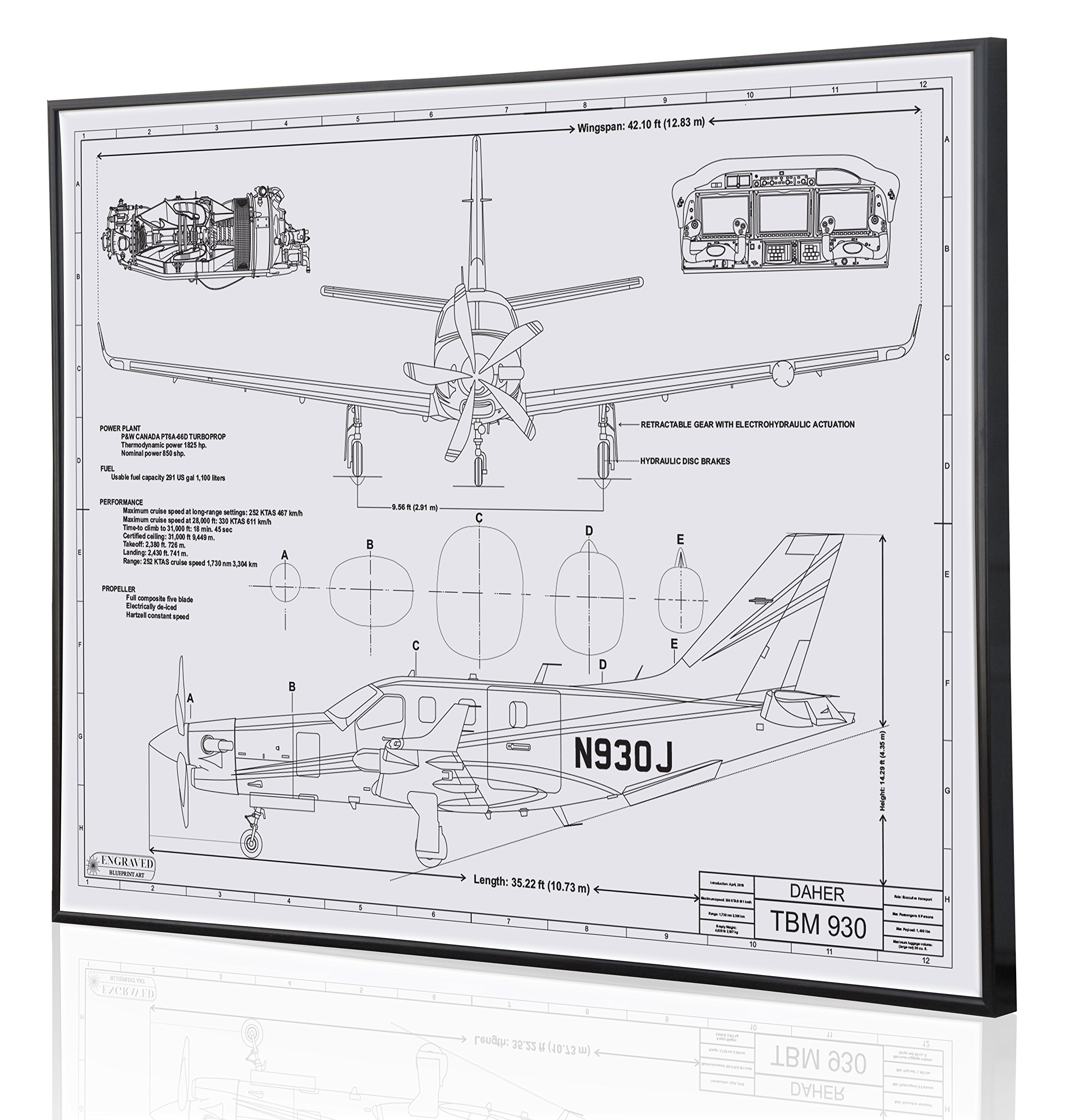 DAHR TBM-930 Blueprint Artwork - Laser Engraved & Customizable Aviation Wall Decor - Perfect Pilot Gift for Home Office, Man Cave & Flight School