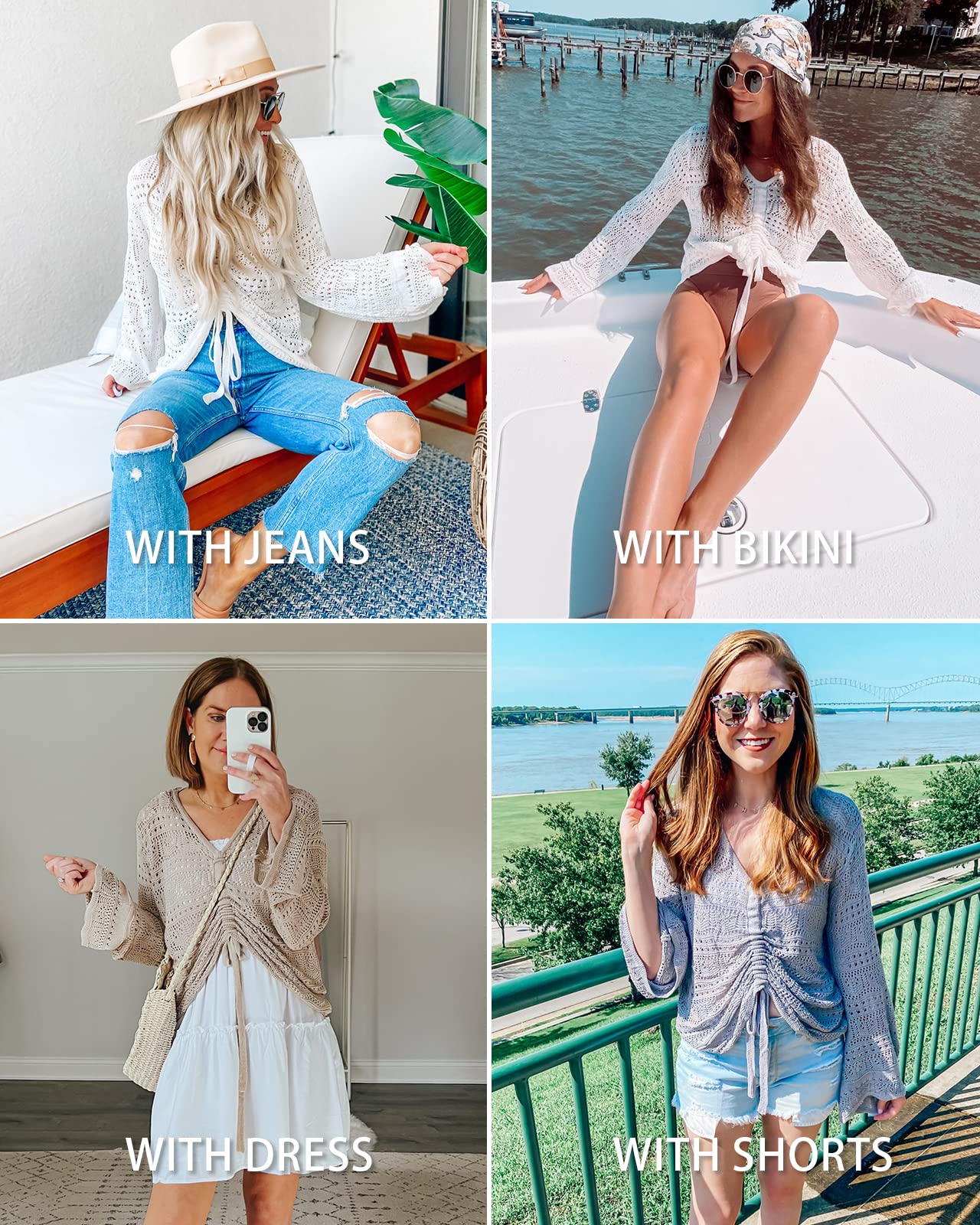 Saodimallsu Women's Boho Off Shoulder Sheer Crop Top - Bell Sleeve Flowy Oversized Crochet Ruched Pullover Sweater for Casual Outings & Beach Vacations