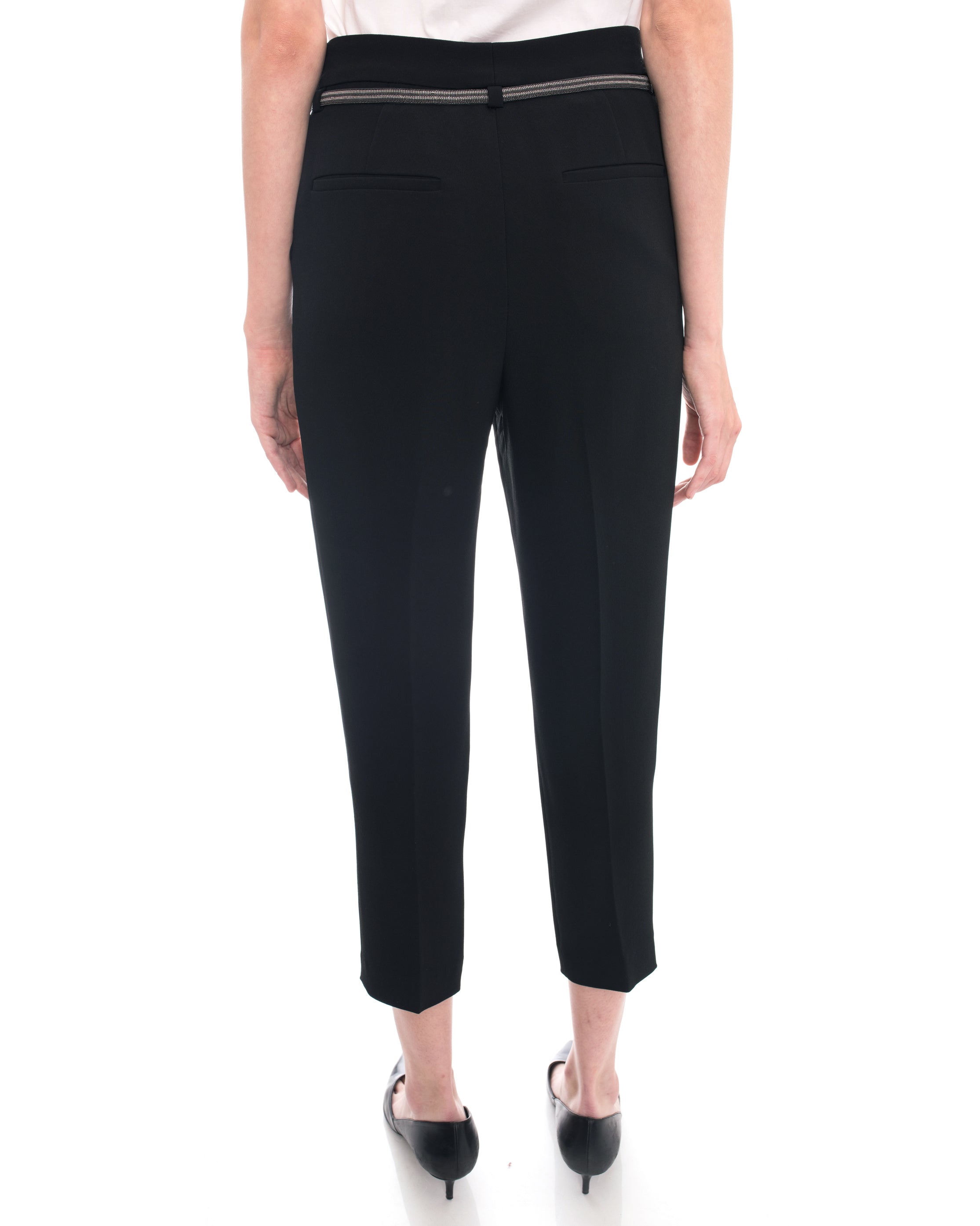 Brunello Cucinelli Black Dress Pants with Beaded Leather Tie Belt - Elegant Formal Trousers for Office Wear & Evening Events