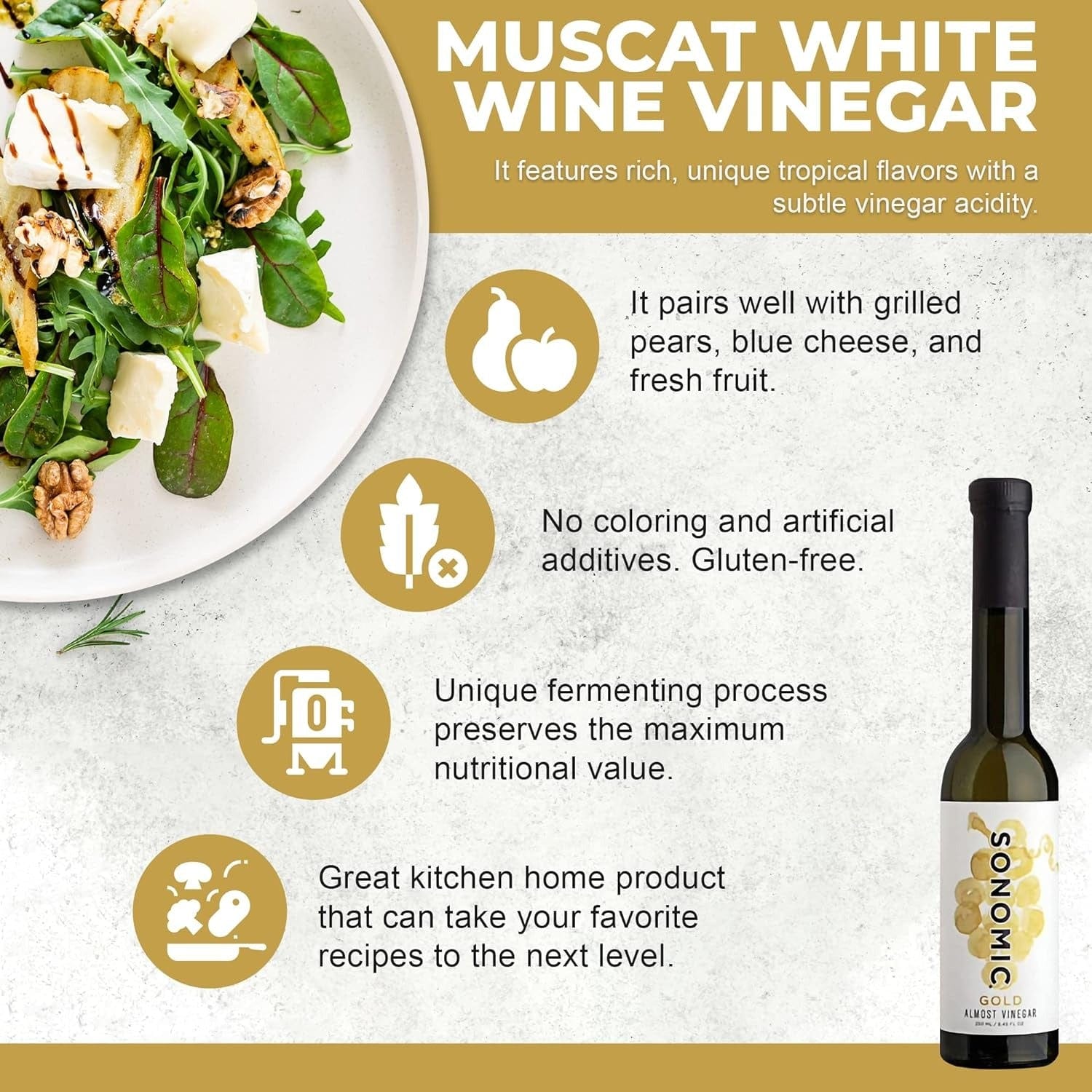 Premium Sonomic Muscat Gold Vinegar - Organic, All-Natural Gourmet Vinegar for Salads, Marinades & Cooking - Perfect for Home Chefs & Healthy Lifestyles