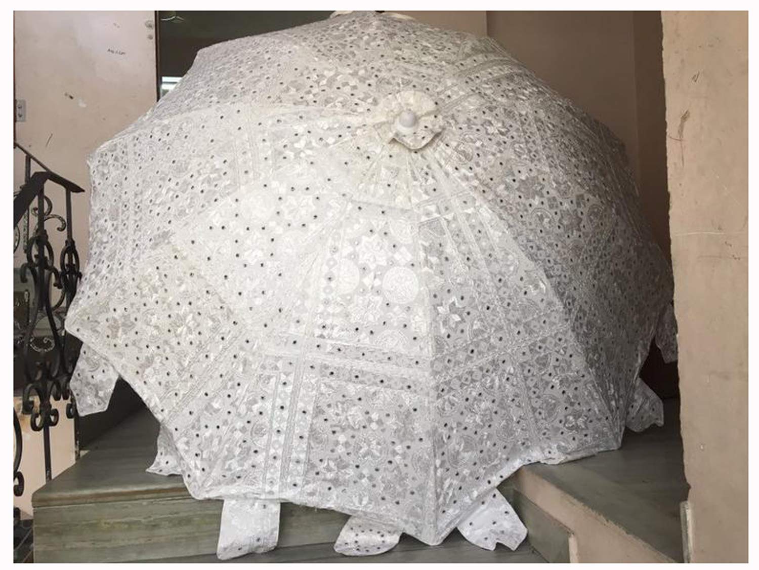 Handmade Bohemian Sun Umbrella with Indian Mirror Work Embroidery - Cotton Boho Wedding Parasol, Hippie Gypsy Decor for Beach, Garden & Outdoor Events (White) - Perfect for Weddings, Picnics and Poolside Relaxation