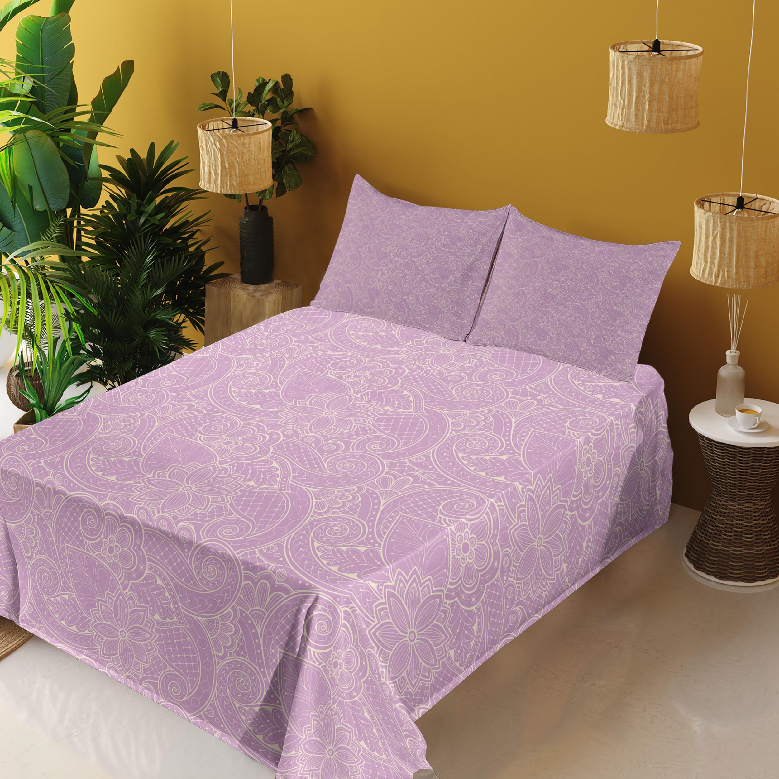 Ambesonne 4-Piece King Sheet Set - Monochrome Foliage Design with Paisley & Floral Patterns, Lavender Beige Bedding | Soft & Breathable for All Seasons | Perfect for Master Bedroom, Guest Room & Vacation Homes