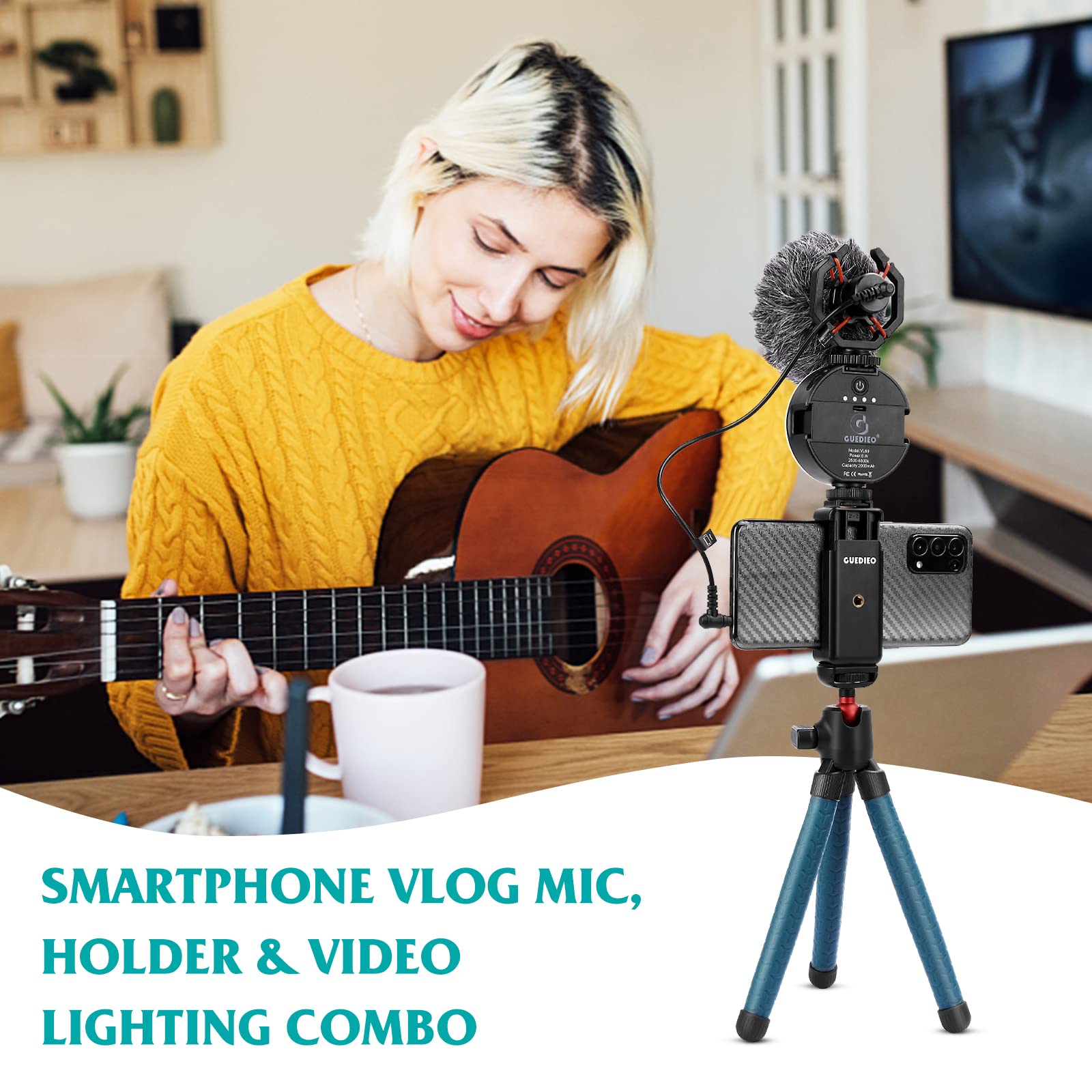 Professional Vlog Kit with LED Light, Phone Holder, Tripod & Microphone - Compatible with iPhone, Smartphone & DSLR Cameras - Perfect for YouTube, TikTok, Live Streaming & Video Recording - GUEDIEO