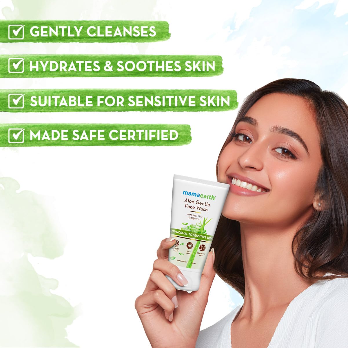 Mamaearth Aloe Vera & Glycerin Gentle Face Wash for Sensitive Skin - 150ml | Hydrating & Soothing Cleanser for Dry to Normal Skin | Fragrance-Free, Soap-Free, Non-Irritant | Perfect for Daily Skincare Routine & Post-Sun Care