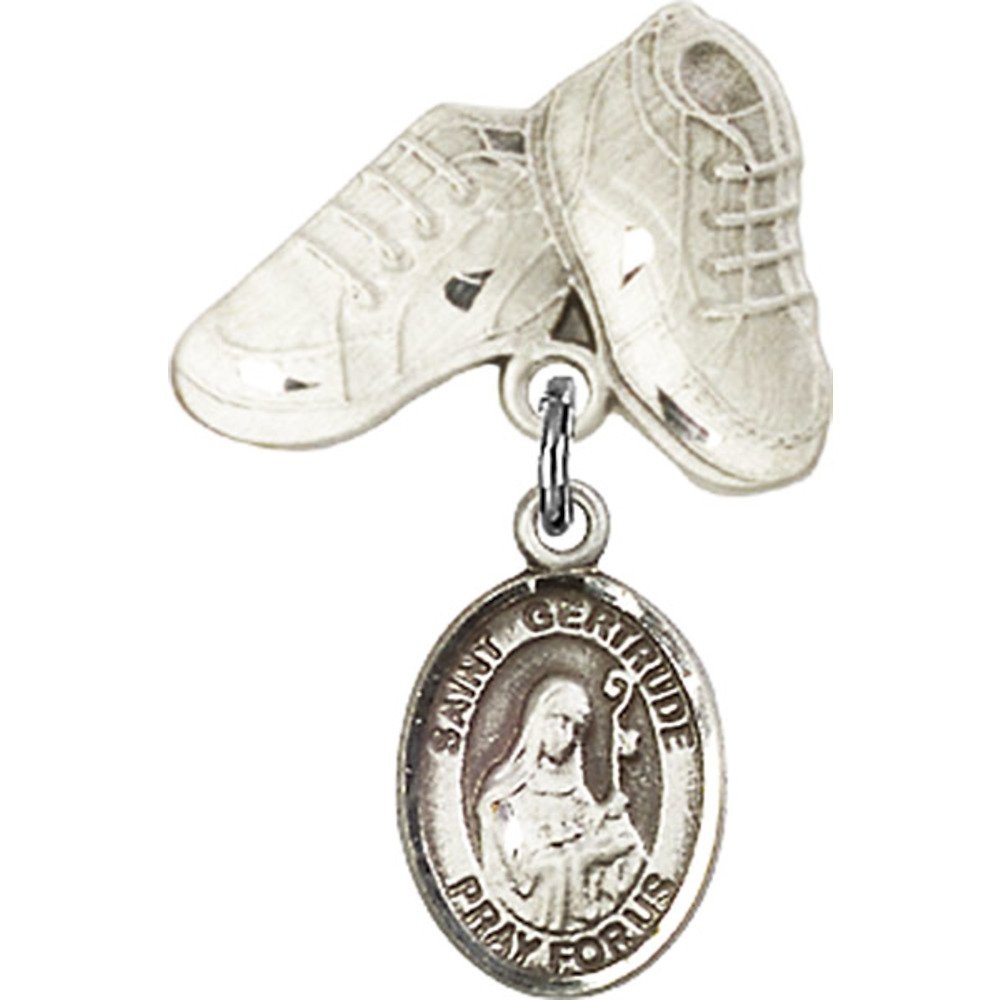 Sterling Silver Baby Badge with St. Gertrude of Nivelles Charm & Baby Boots Pin - 1 X 5/8 Inch Religious Jewelry for Christening, Baptism & Newborn Gifts