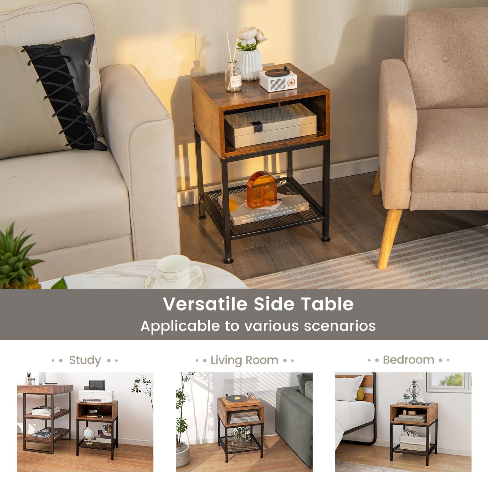 Giantex 2-Tier Industrial End Table Set of 2 with Open & Mesh Storage Shelves - Sturdy Metal Frame Telephone Table for Small Spaces - Rustic Brown Bedside Nightstand for Living Room & Bedroom - Perfect for Compact Apartments, Dorms and Office Spaces