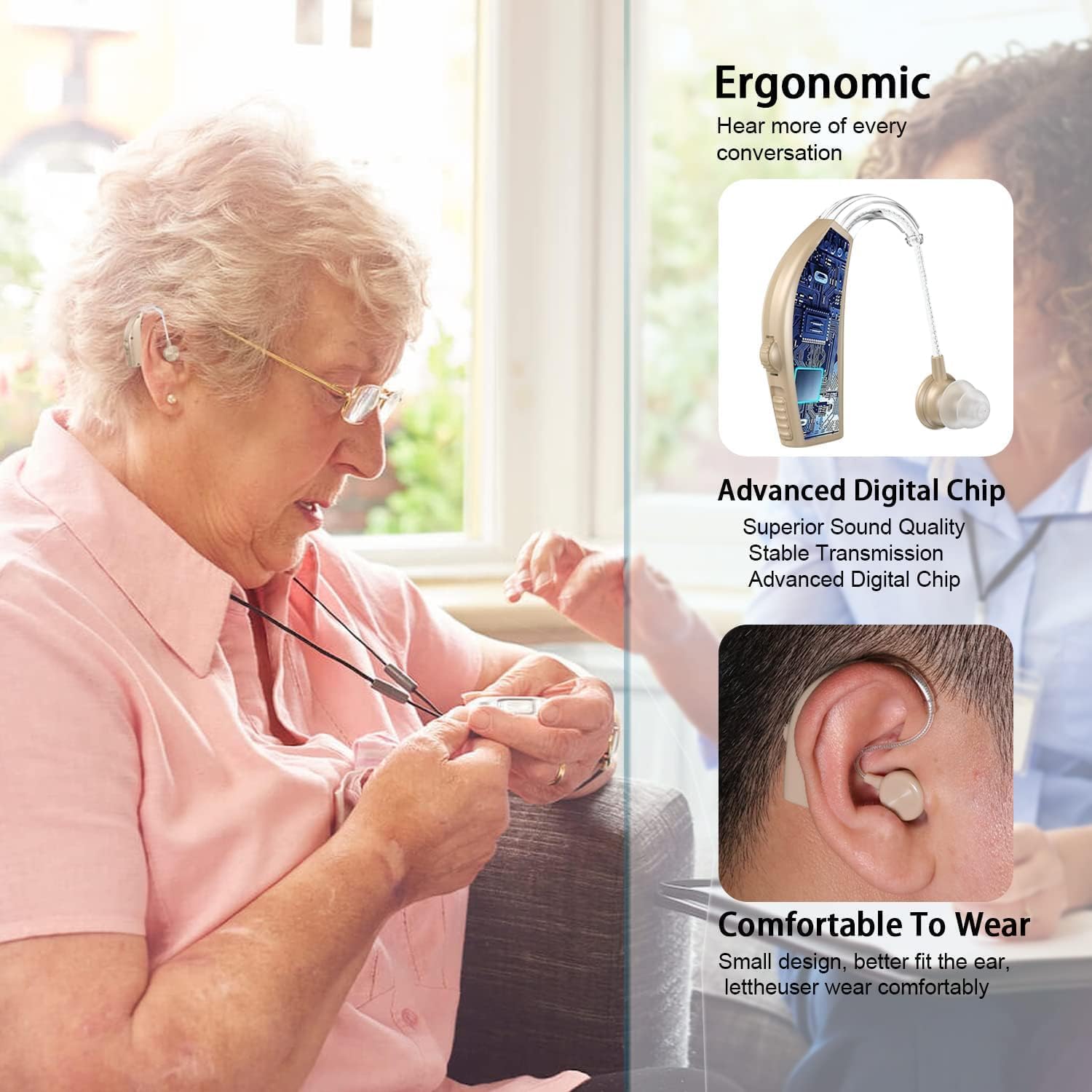 Rechargeable Hearing Aids for Seniors with Severe Hearing Loss - Digital Noise Cancelling Amplifier with Portable Charging Case & Volume Control - Beige - Ideal for TV Watching, Conversations & Outdoor Activities