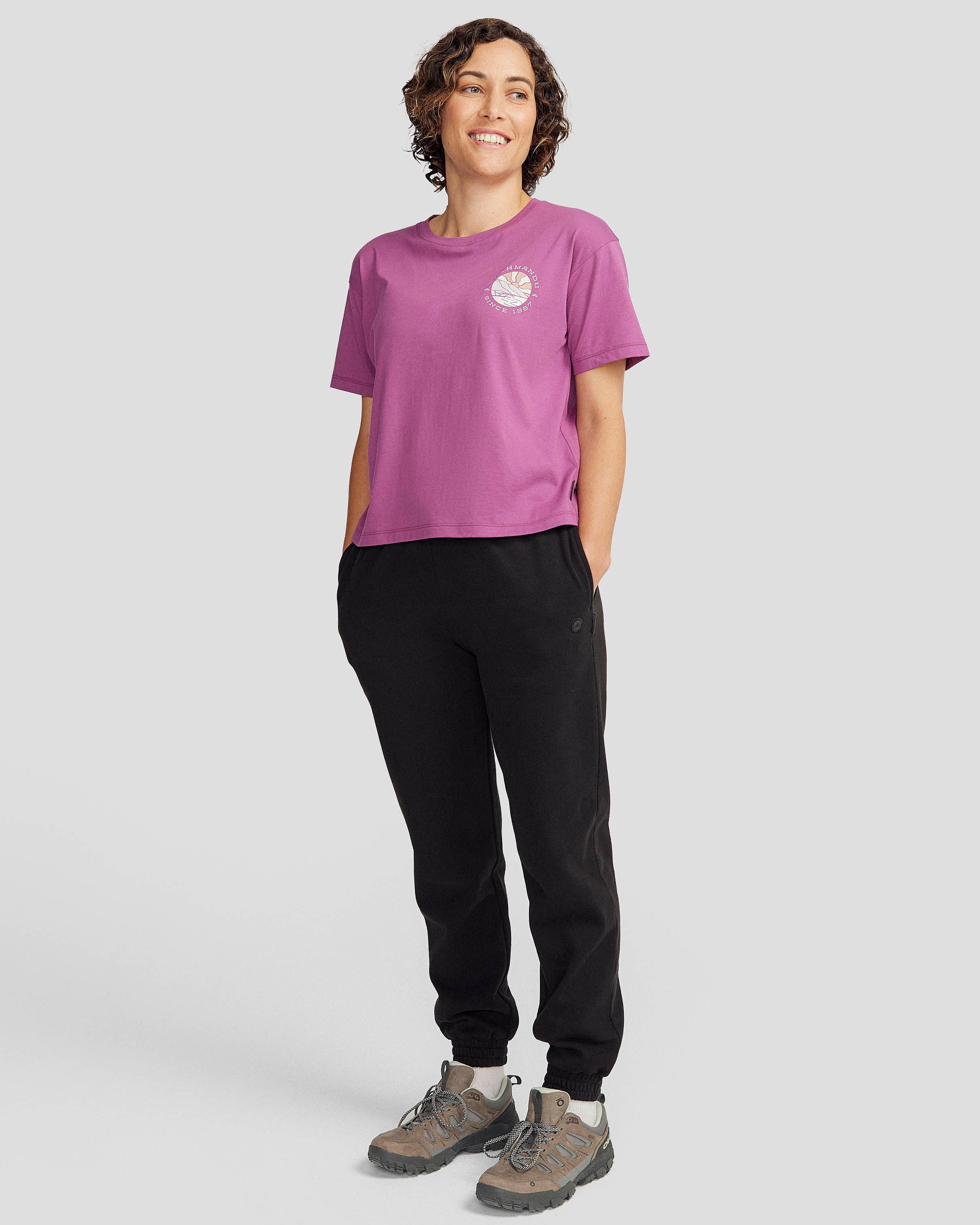 Organic Cotton Women's Kathmandu Logo Sunburst T-Shirt in Washed Berry - Comfortable Casual Tee for Outdoor Adventures & Everyday Wear