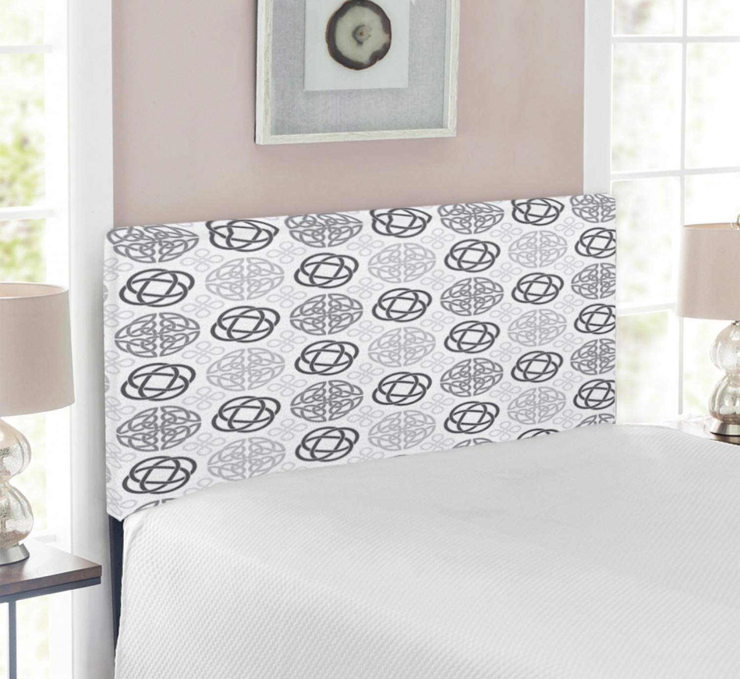 Ambesonne Celtic Upholstered Headboard - Traditional Ireland Round Celtic Love Knots & Shamrock Motifs Artwork - Decorative Metal Bed Headboard with Memory Foam - Twin Size Grey White - Perfect for Bedroom Decor & Irish-Themed Home Interiors