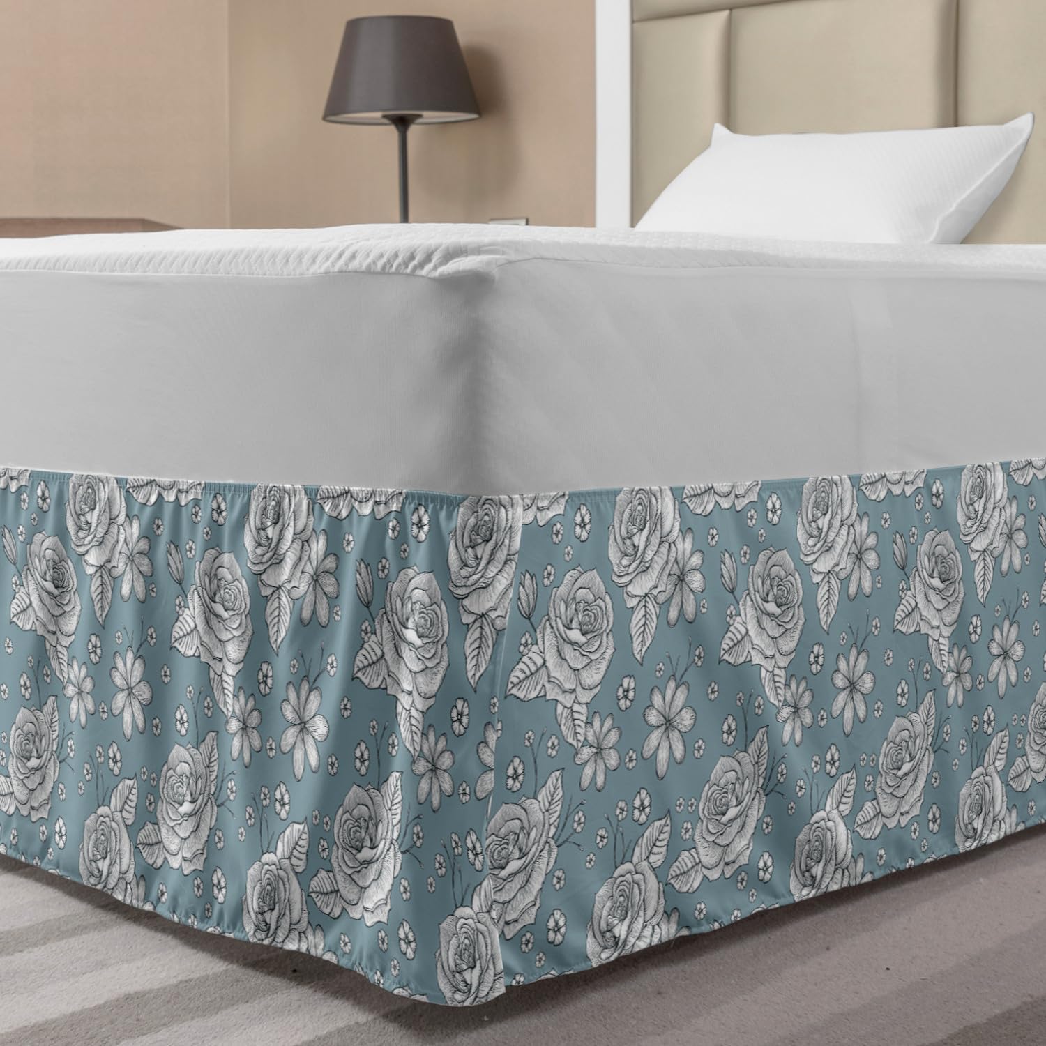 Ambesonne Rose Bed Skirt - Retro Hand Drawn Floral Bedding Wrap with Elastic Gathered Design, Full Size in Pale Blue Grey & White | Vintage Bedroom Decor for Master & Guest Rooms