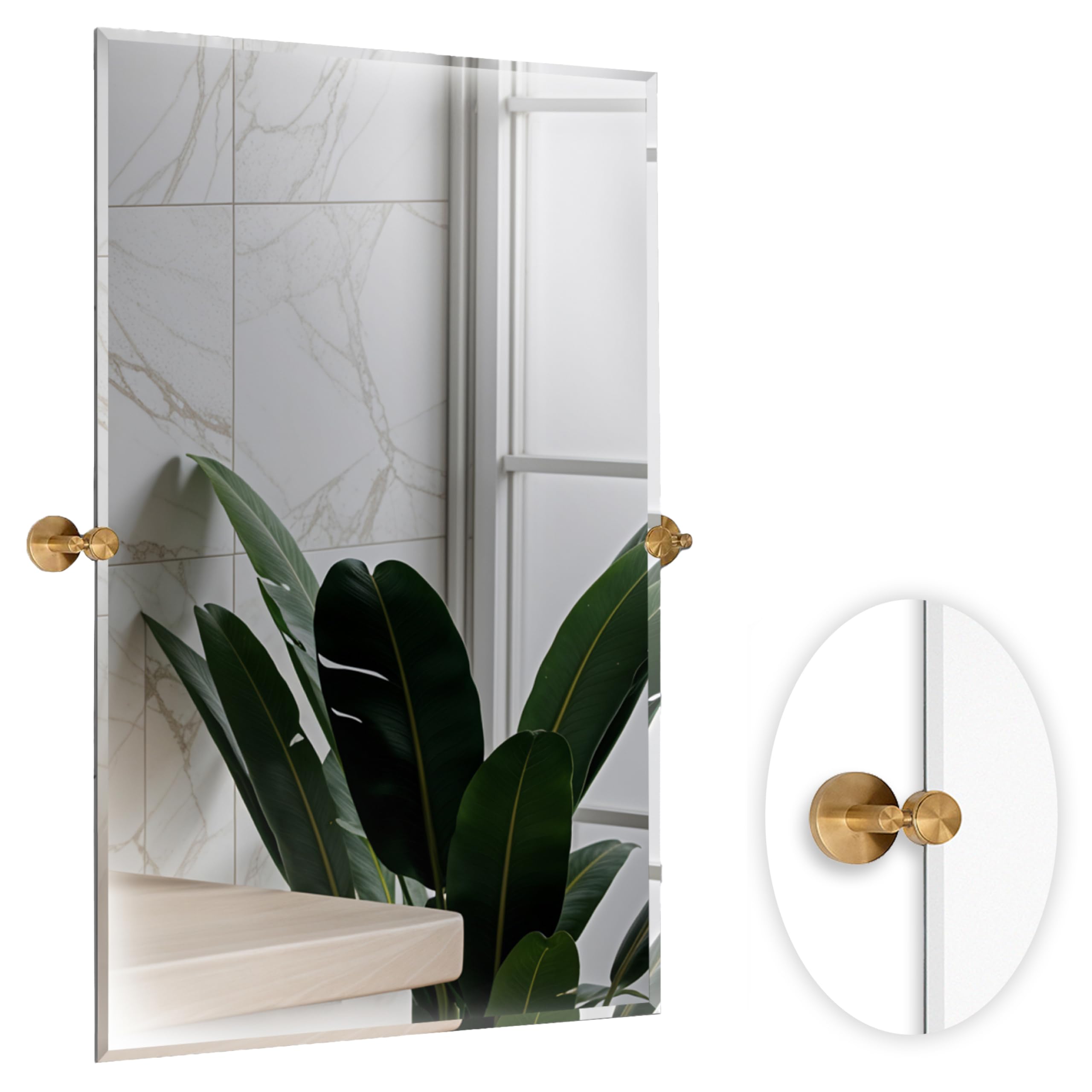 Hamilton Hills 24x36 Inch Frameless Pivot Bathroom Mirror - Adjustable Tilting Rectangular Wall Mirror with Gold Rounded Brackets - Modern Vanity & Shower Decor for Bathroom, Bedroom, and Entryway