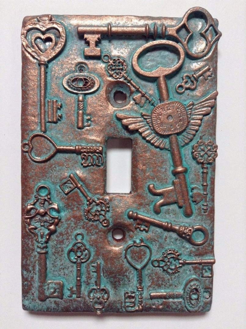 Steampunk Style Stone & Copper Patina Light Switch Cover - Custom Design for Vintage Home Decor - Perfect for Gothic, Industrial, or Themed Interior Design