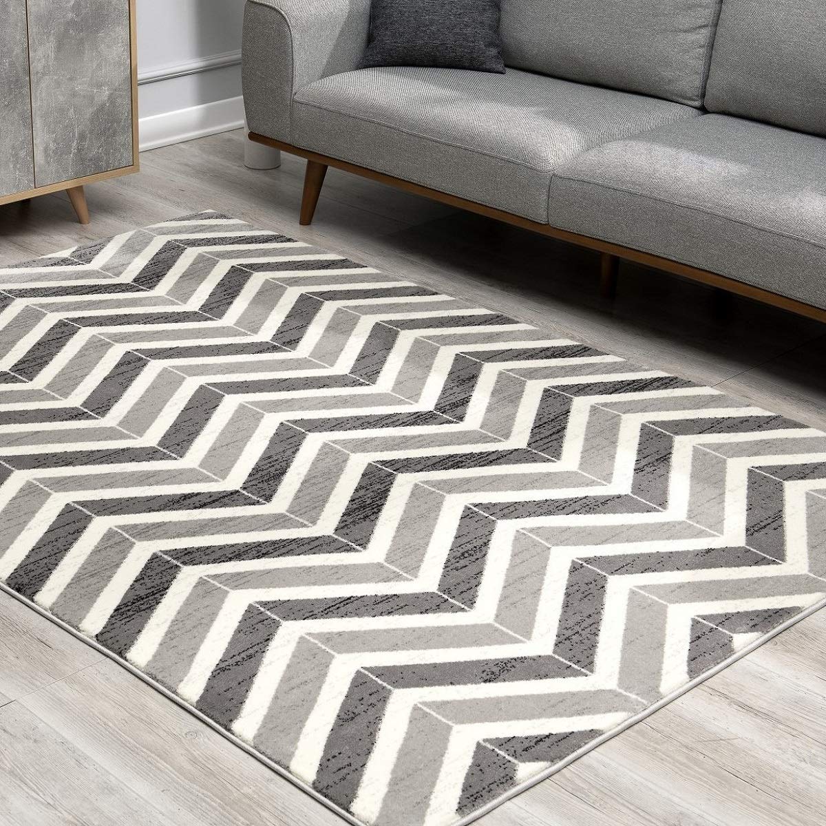Modern Geometric Wave Grey Beige Indoor Area Rug - 8' x 10' (7'9