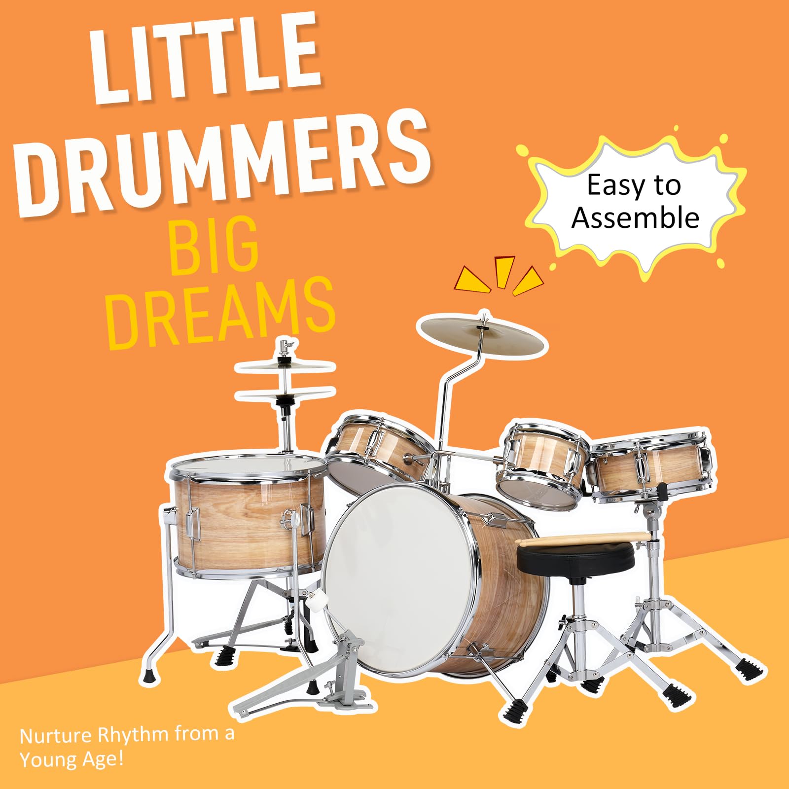 14 Inch 5-Piece Junior Drum Set Complete with Cymbals, Hi-Hat Stand, Sticks, Pedal & Stool - Perfect Wooden Drum Kit for Kids Beginners - Ideal for Home Practice, Music Lessons & Rock Band Performances