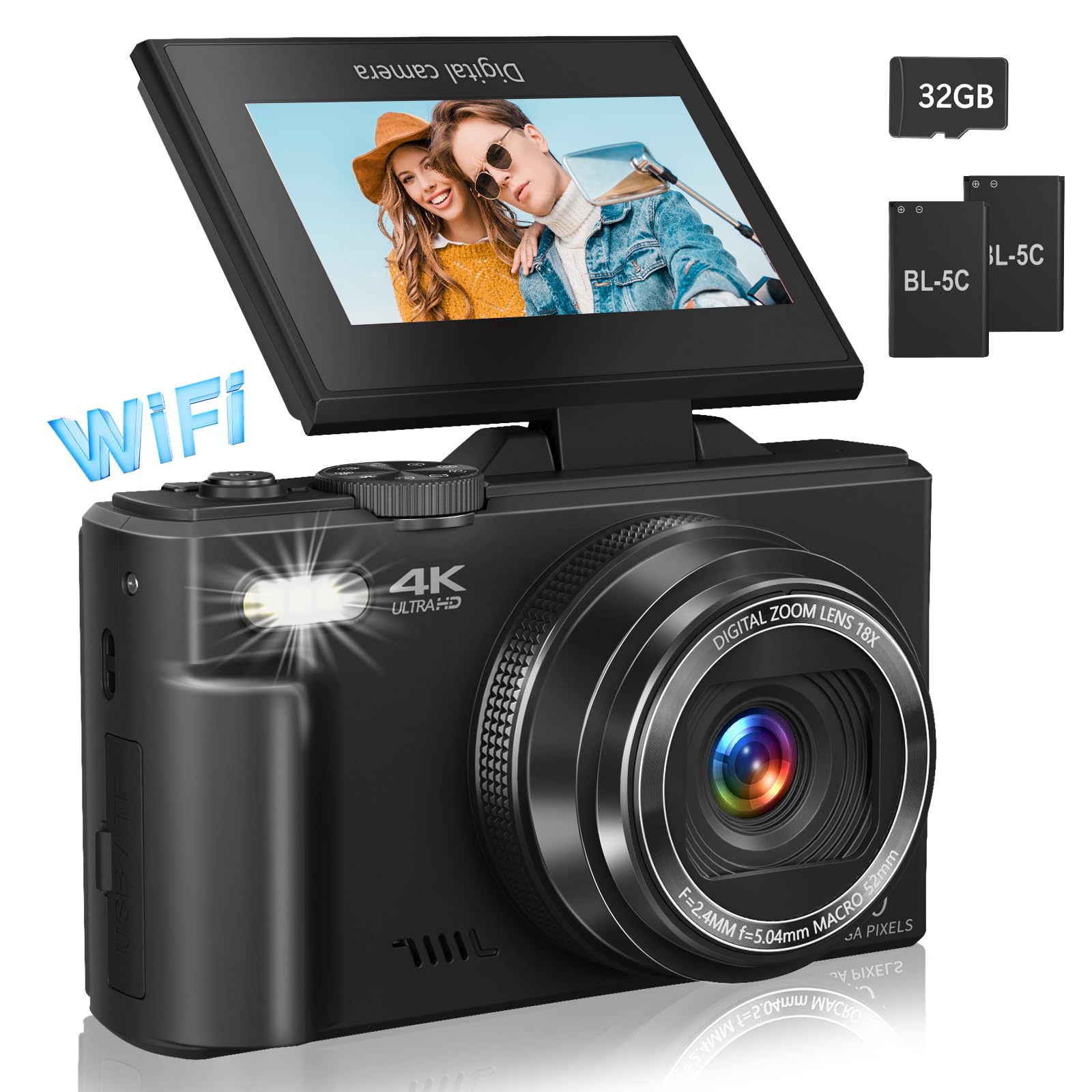 4K Digital Camera for Photography & Vlogging - 18X Zoom Retro Camera with 3