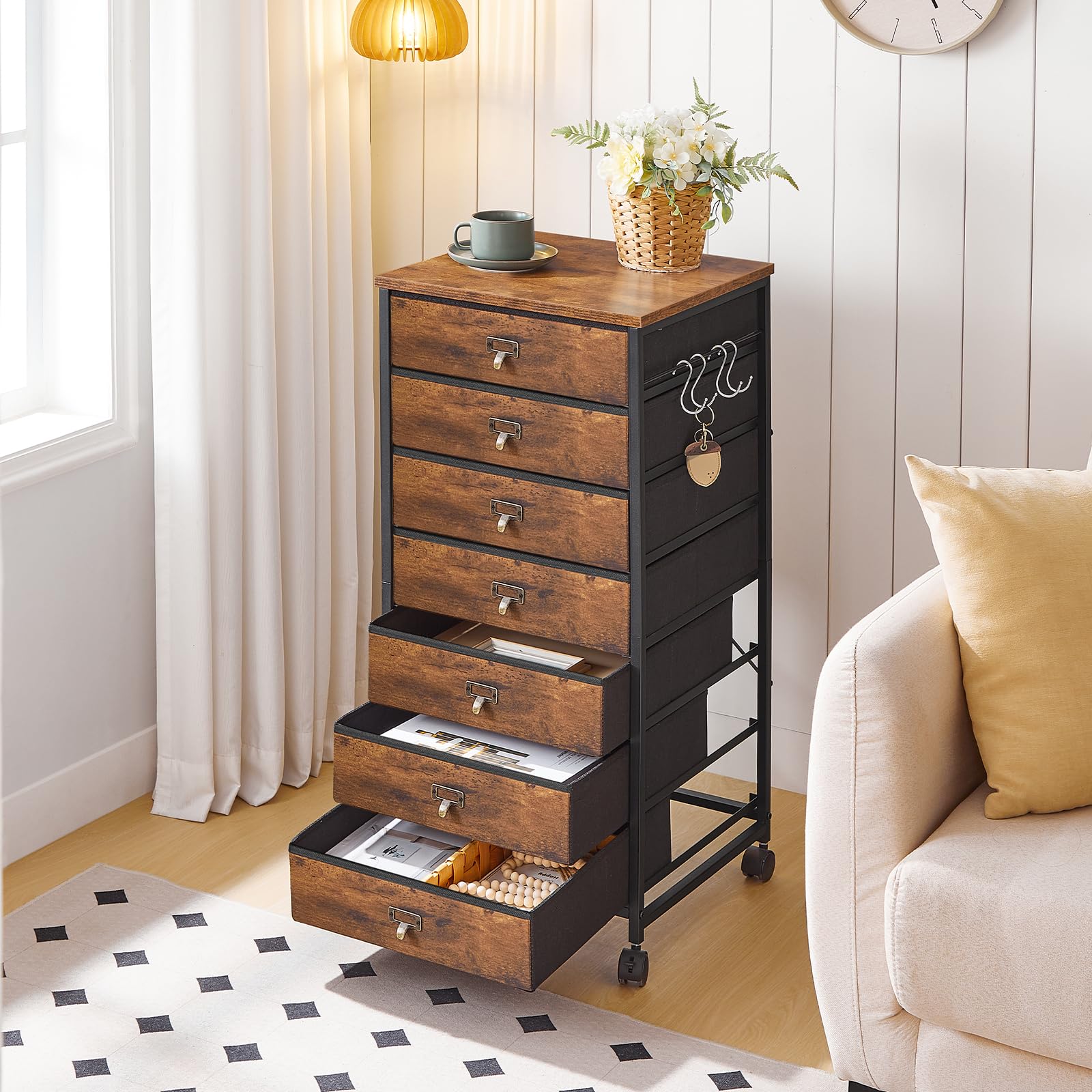 HOOBRO 7-Drawer Vertical File Cabinet, Metal Office Storage Cabinet with Drawers, Home Office Organizer - Rustic Brown & Black, Includes S-Hooks & Nameplates, Sturdy Metal Frame, Easy Assembly | Perfect for Document Storage, Office Organization & Home Workspace