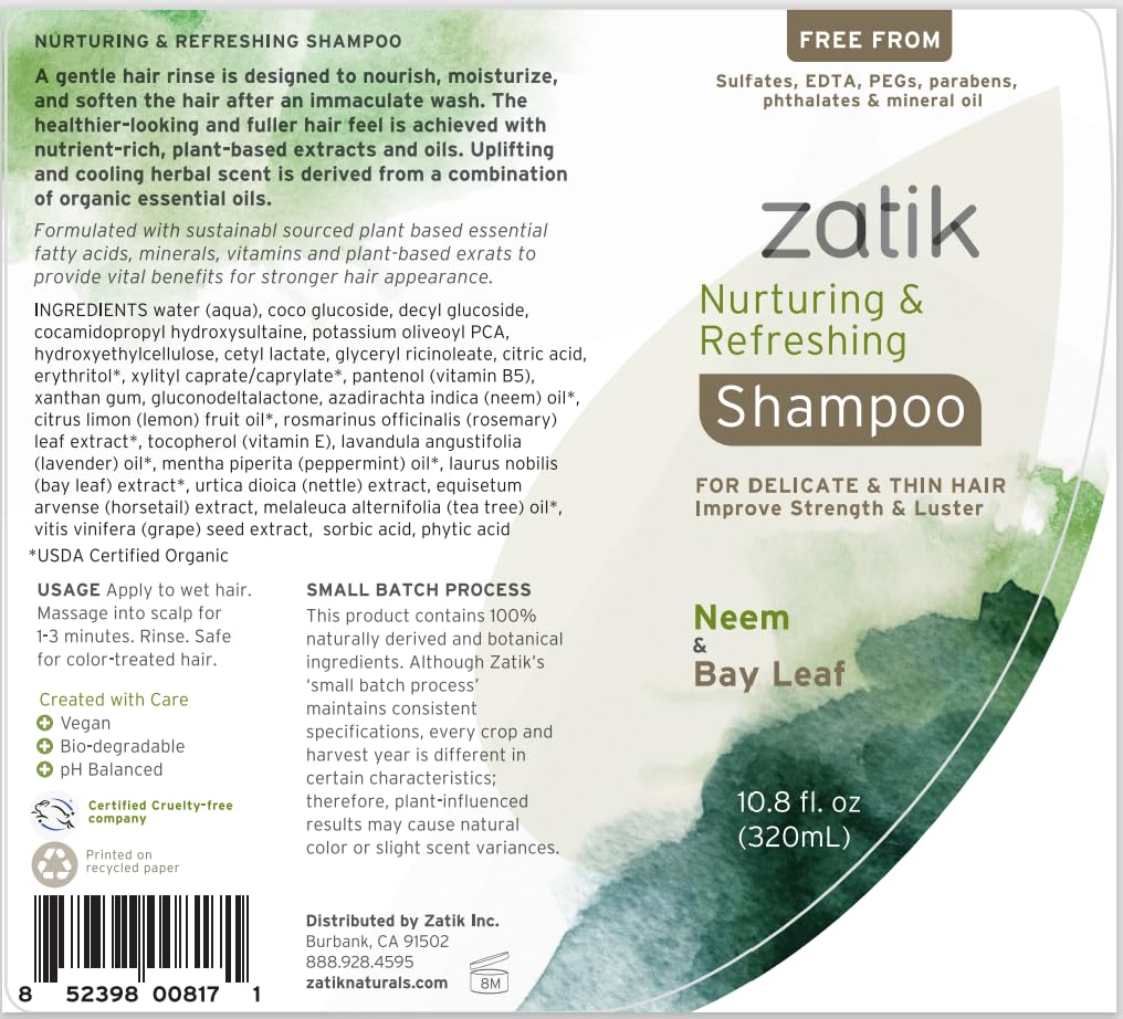 Zatik Naturals Neem & Bay Leaf Shampoo for Dry, Fine, Delicate Hair - Vegan, Biodegradable, pH Balanced, Sulfate-Free, Paraben-Free, Fragrance-Free - 10.8 oz - Gentle Cleansing for Daily Hair Care & Scalp Nourishment