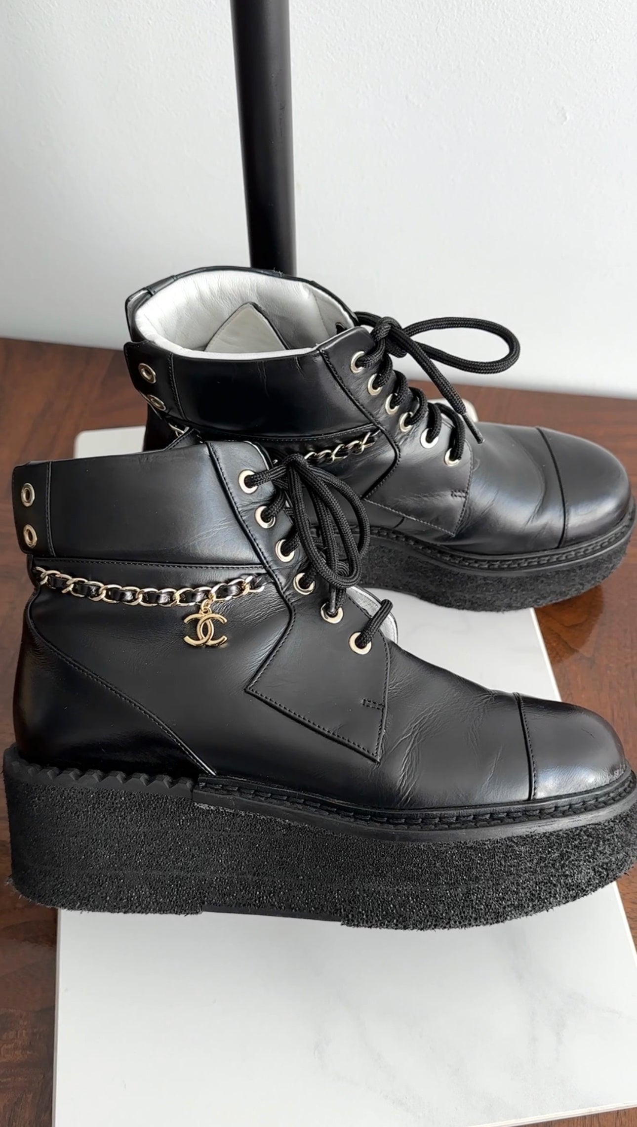 Chanel 2022 Black Leather Chain Platform Boots Women's Size 37.5 (US 7) - Luxury High Heel Ankle Booties for Party, Night Out & Fashion Events