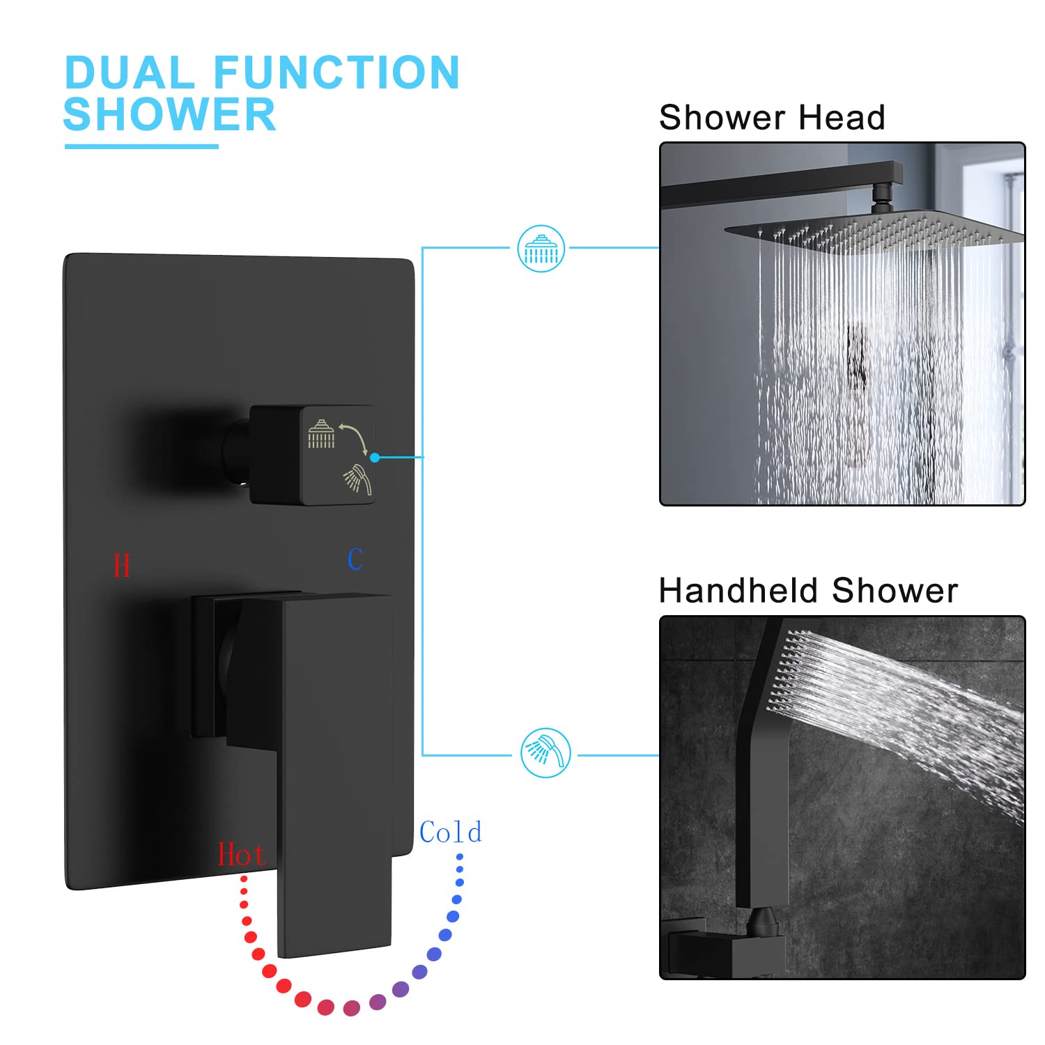 SunCleanse Matte Black Rainfall Shower System - 8 Inch Wall Mounted Rain Shower Head with Handheld Spray & Valve Trim Kit | Perfect for Luxurious Spa-Like Bathroom Experience & Modern Home Renovation