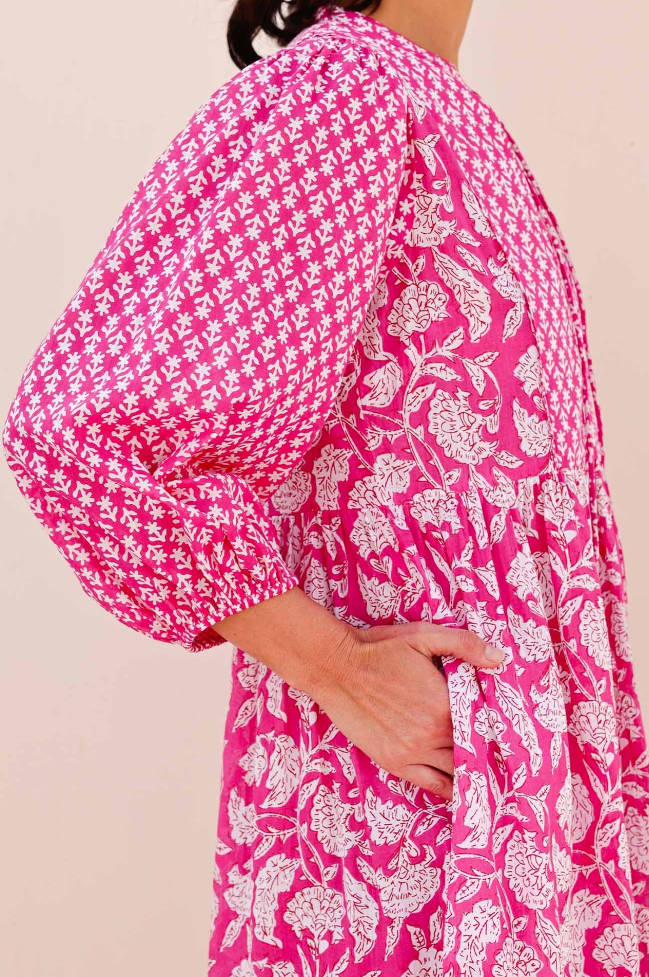 Martha Organic Cotton Mix Print Dress - Dianthus Floral Pink & White | Women's Casual Summer Dress for Beach, Brunch & Outdoor Events