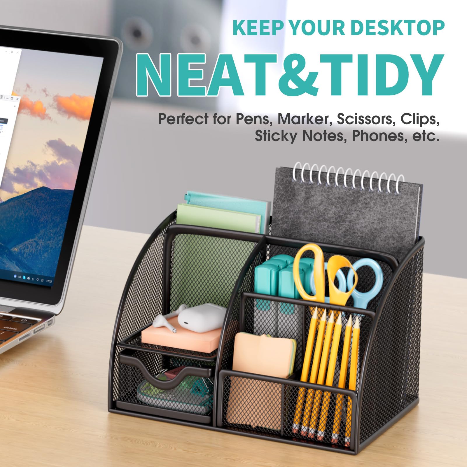 MaxGear 6-Compartment Metal Mesh Desk Organizer with Drawer - Black Office Pen Holder & Stationery Caddy with Non-Slip EVA Base (8.7