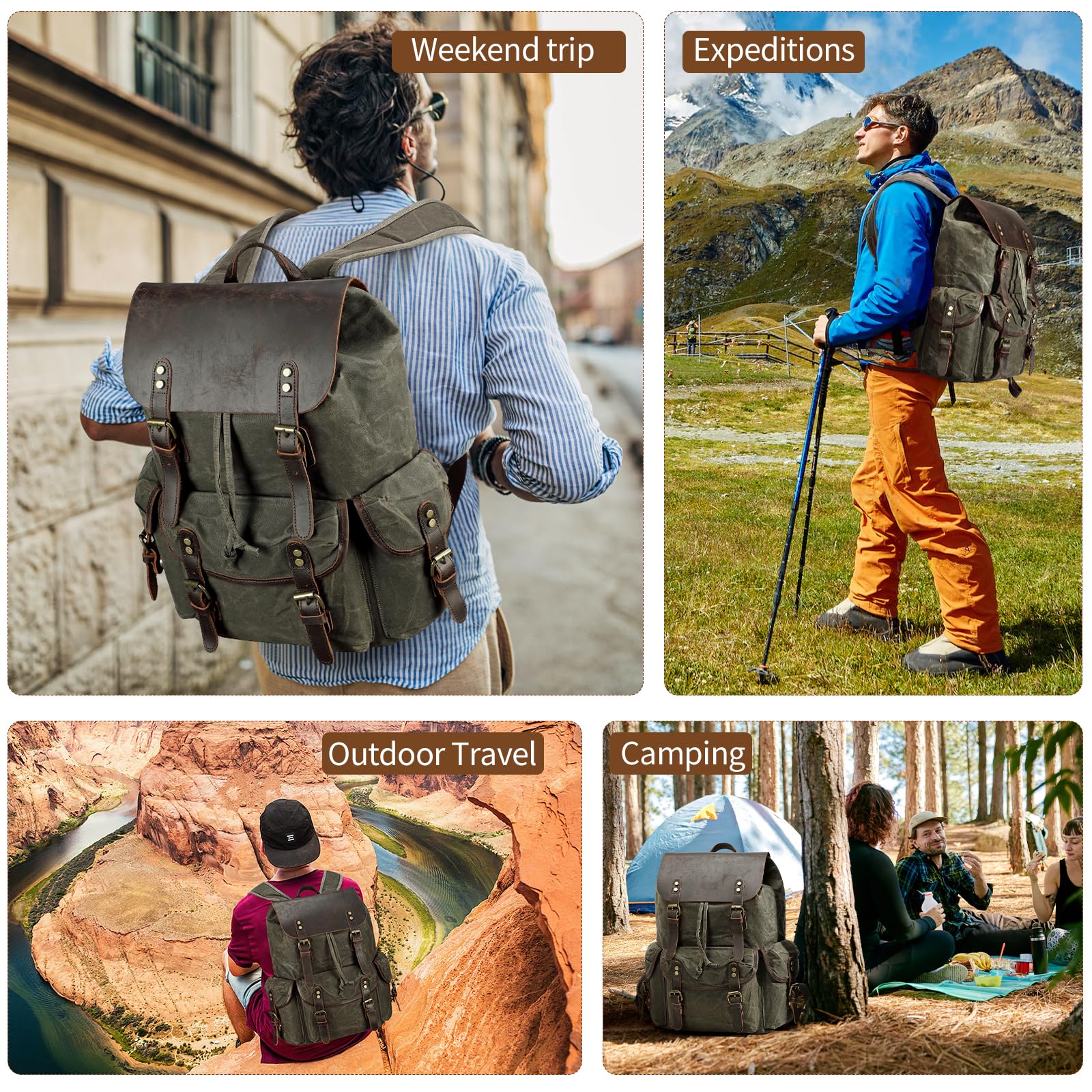 **Genuine Leather & Waxed Canvas Vintage Backpack for Men - Durable Shoulder Rucksack with Toiletry Bag - Perfect for Travel, Camping, Hiking & Daily Commute (Army Green)**