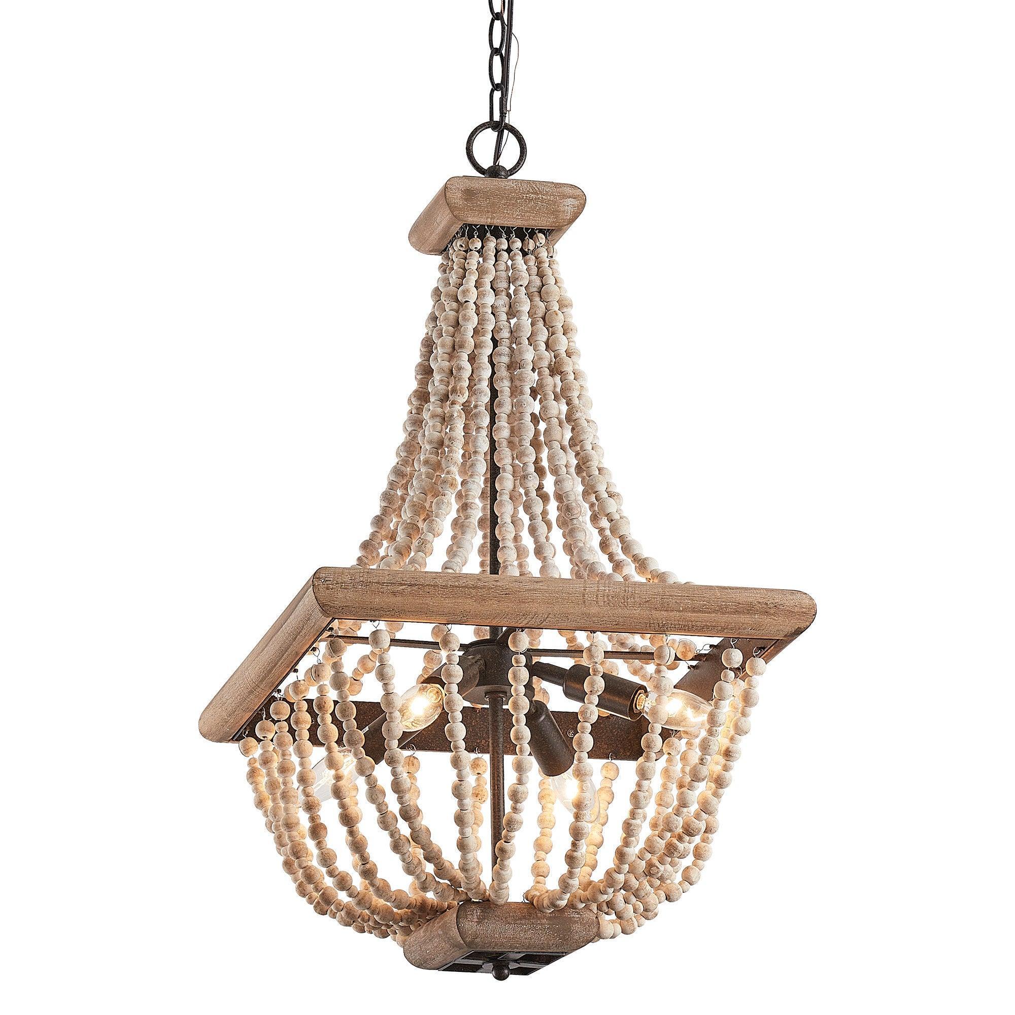 Regas 4-Light Wood Bead Candle Style Chandelier - Rustic Farmhouse Ceiling Light Fixture for Dining Room, Bedroom, or Living Room Decor