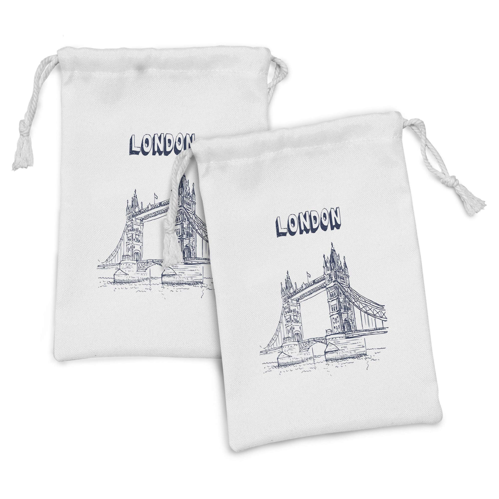 Ambesonne London Fabric Pouch Set of 2 - British Architecture Tower Bridge Design, Small Drawstring Bags for Toiletries, Masks & Travel Essentials (9