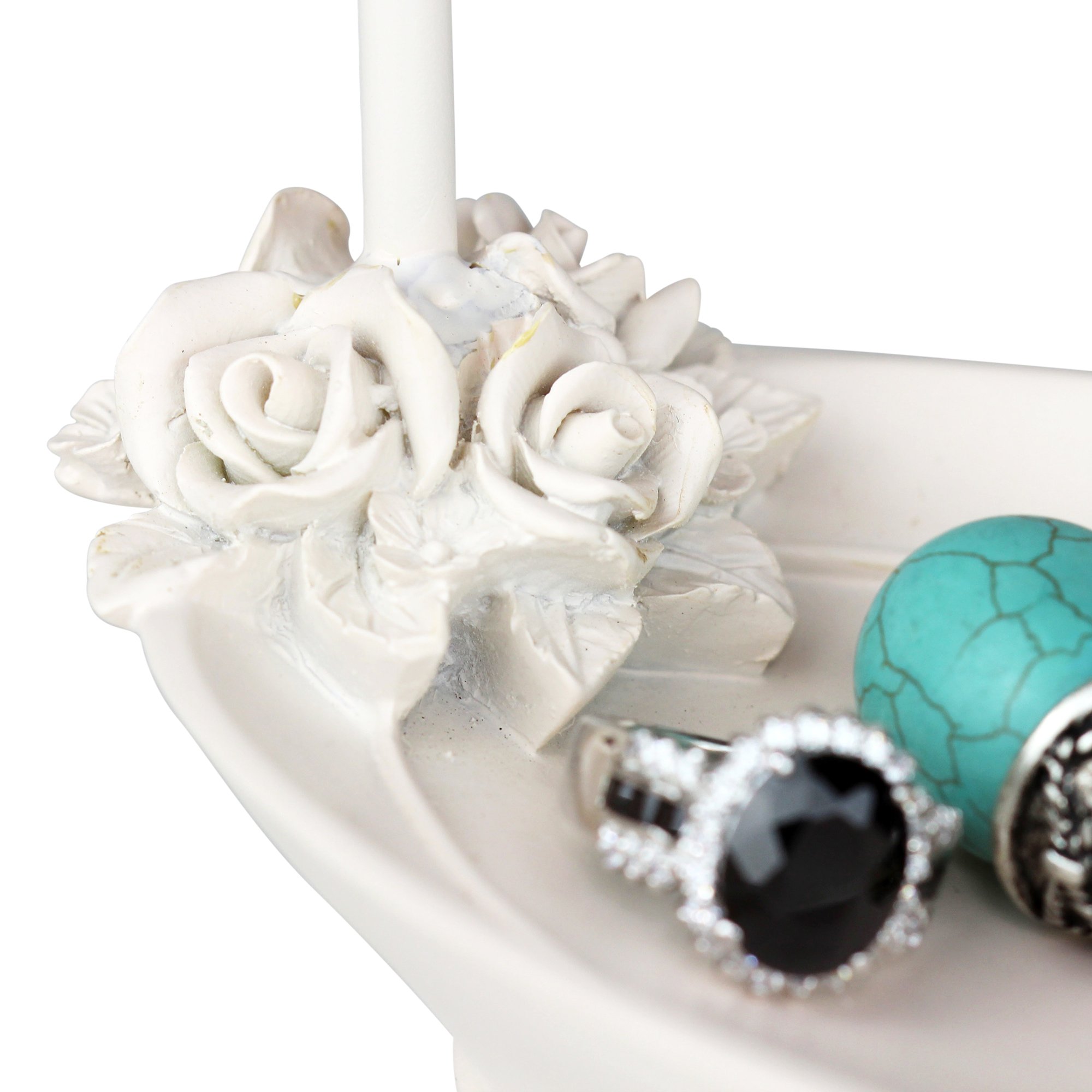 Shabby Chic Jewelry Organizer - Elegant Metal Earring Holder with Ring Dish Tray, Ivory Rose | Perfect for Vanity Display & Girls' Bedroom Decor | Jewelry Storage Solution for Necklaces, Bracelets & Earrings