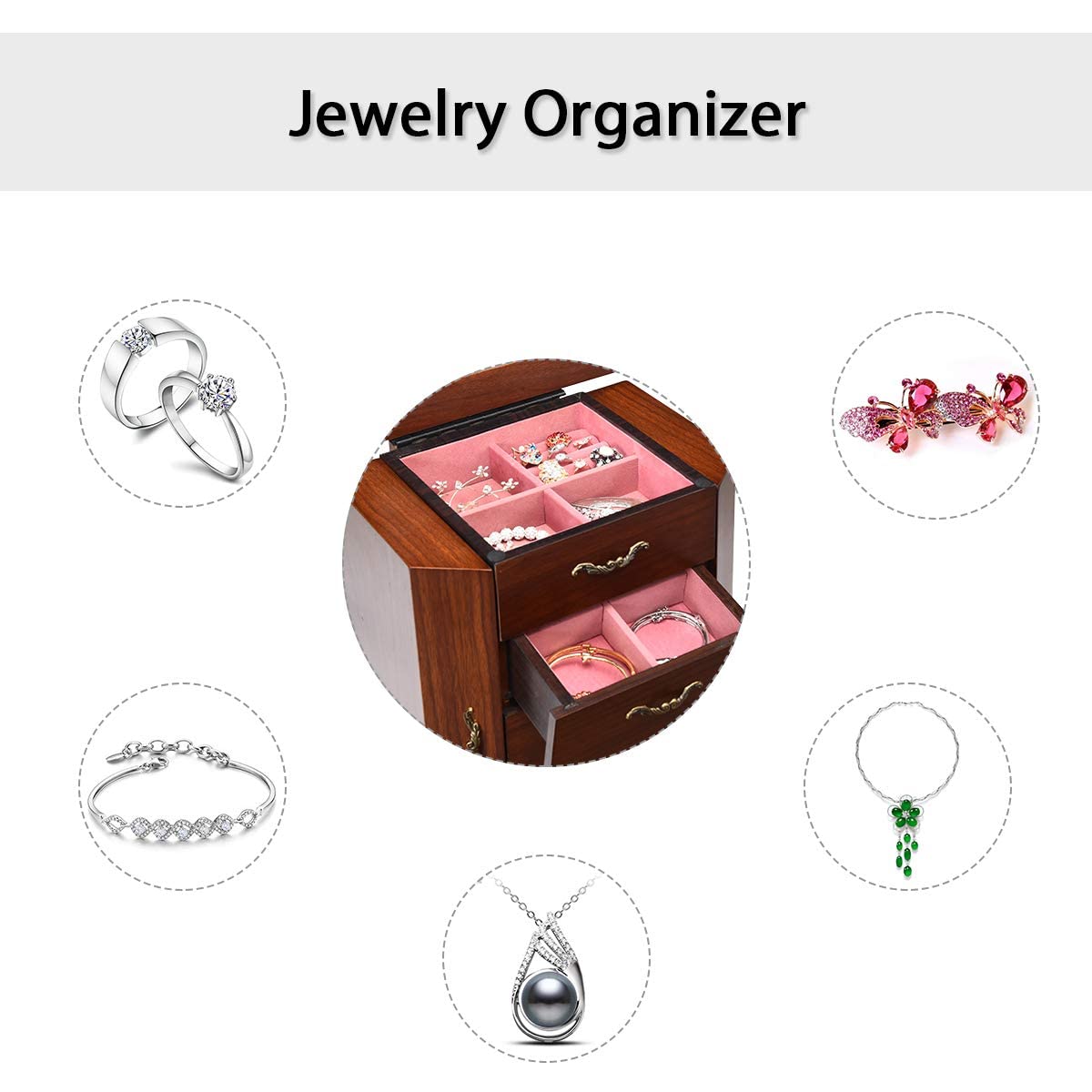 Wooden Jewelry Storage Chest with Flip Top Mirror - Standing Jewelry Armoire Cabinet with 4 Drawers, 2 Side Doors & 6 Necklace Hooks | Jewelry Organizer for Women | Perfect Gift for Her | Bedroom, Dressing Room & Closet Organization