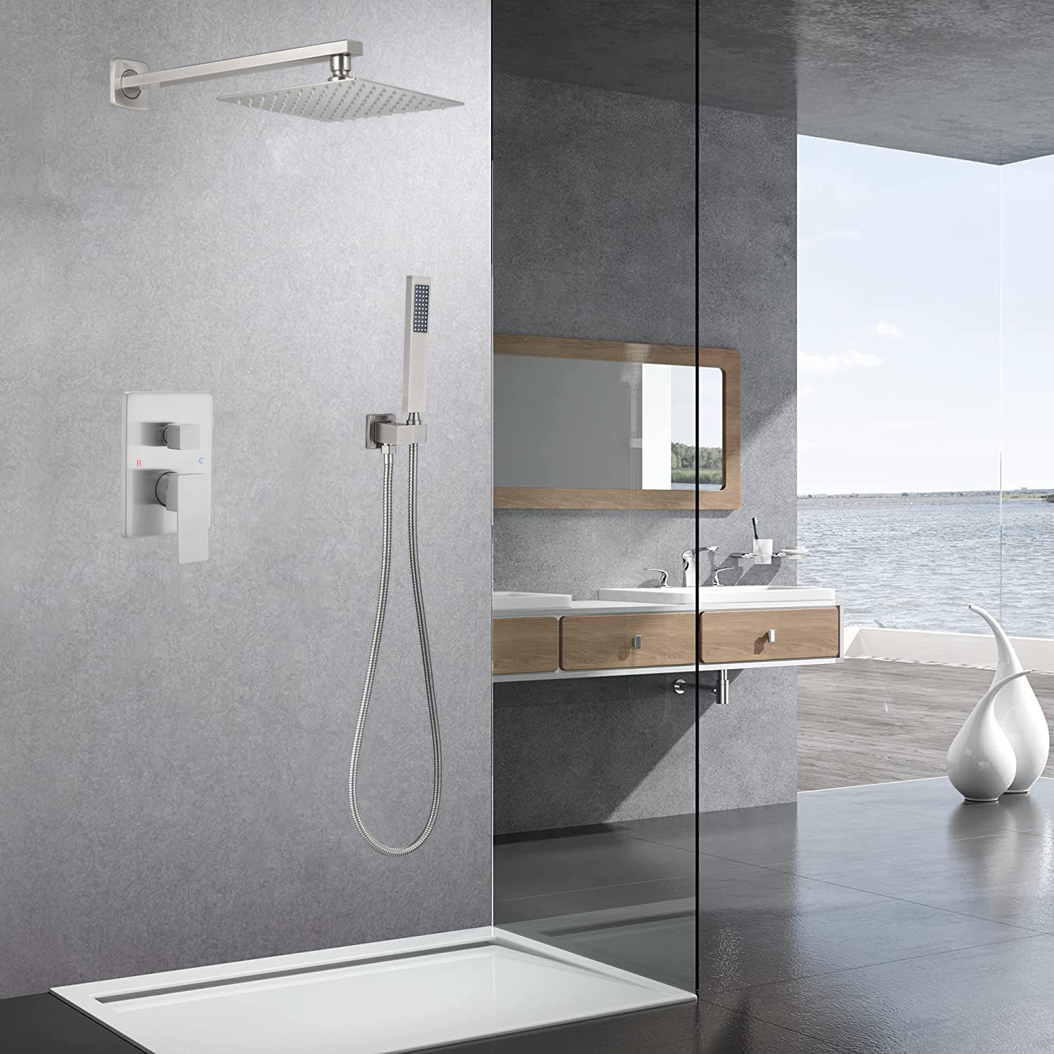 Luxury Brushed Nickel Shower System - Wall Mounted Rainfall Shower Head Combo Set with Brass Faucet & Rough-in Valve (Perfect for Modern Bathroom Renovations & Spa-Like Shower Experience)