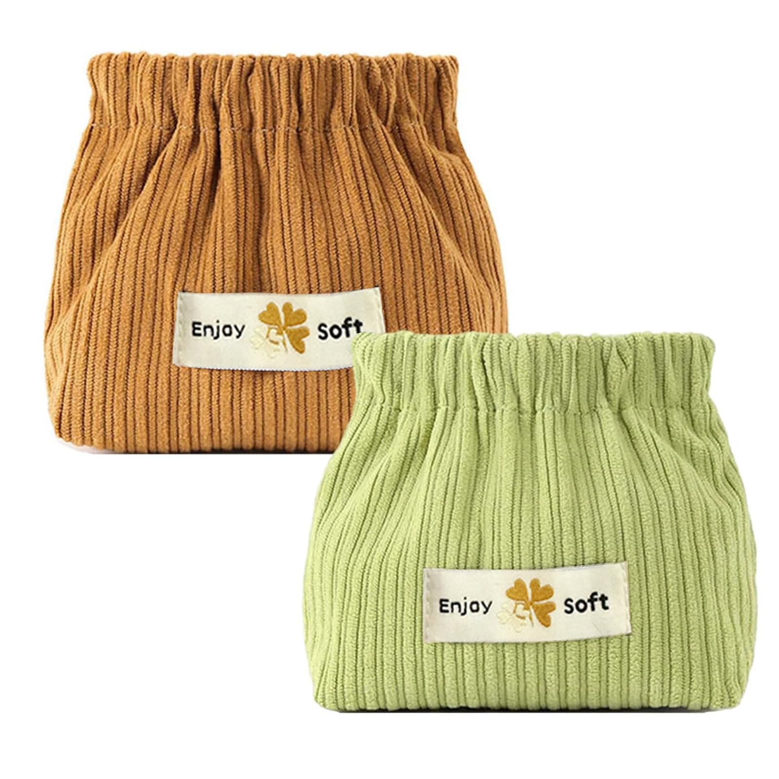 2 Pack Small Corduroy Pouches for Women & Girls - Mini Travel Makeup Bag, Coin Purse, Lipstick & Jewelry Organizer - Squeeze-Open Cosmetic Storage Bag for Hair Accessories (Coffee & Green) - Perfect for Travel, Daily Use & Gift Giving
