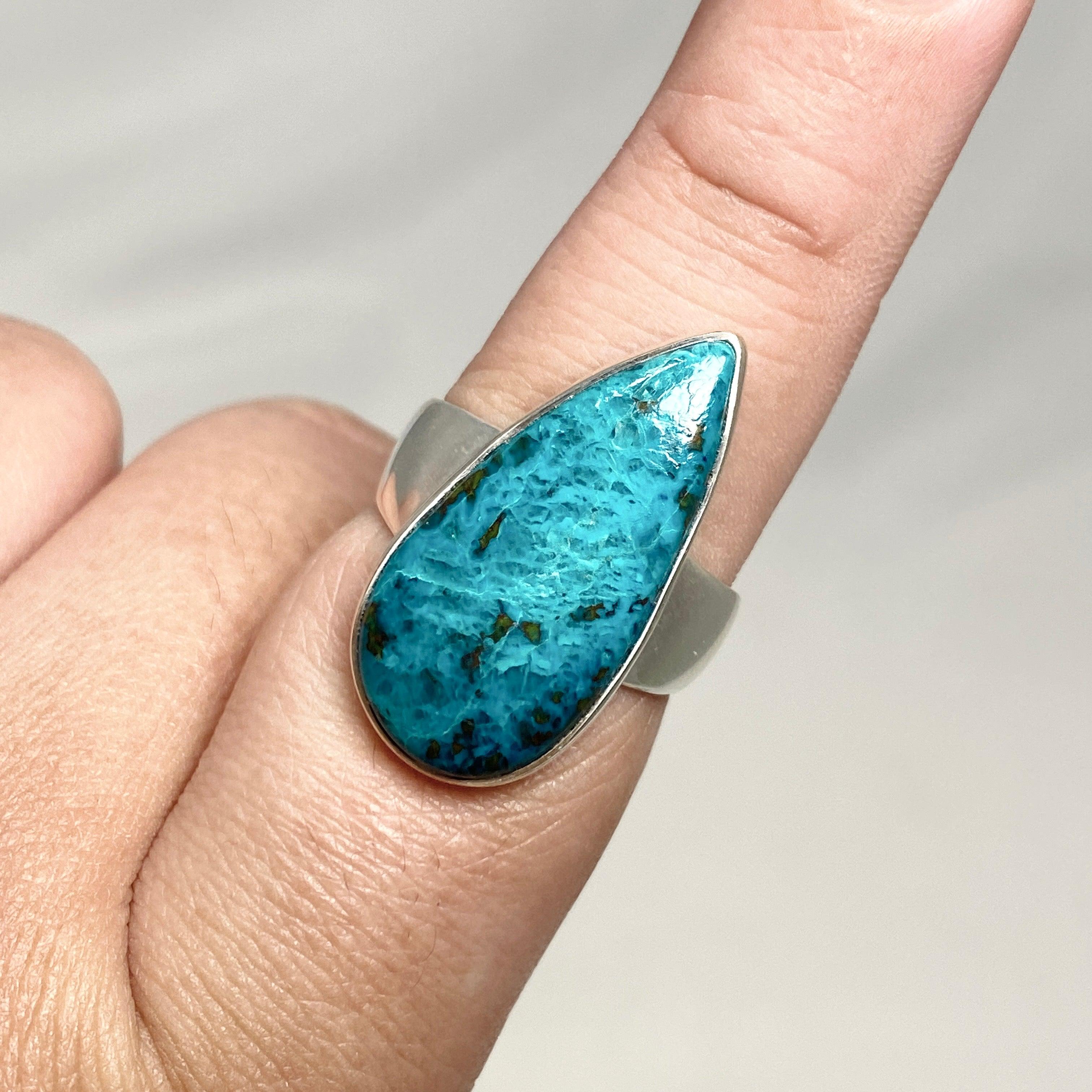 Chrysocolla and Shattuckite Teardrop Ring - Size 10 Sterling Silver Jewelry KRGJ3223 | Healing Crystal Ring for Meditation, Spiritual Gifts & Boho Fashion