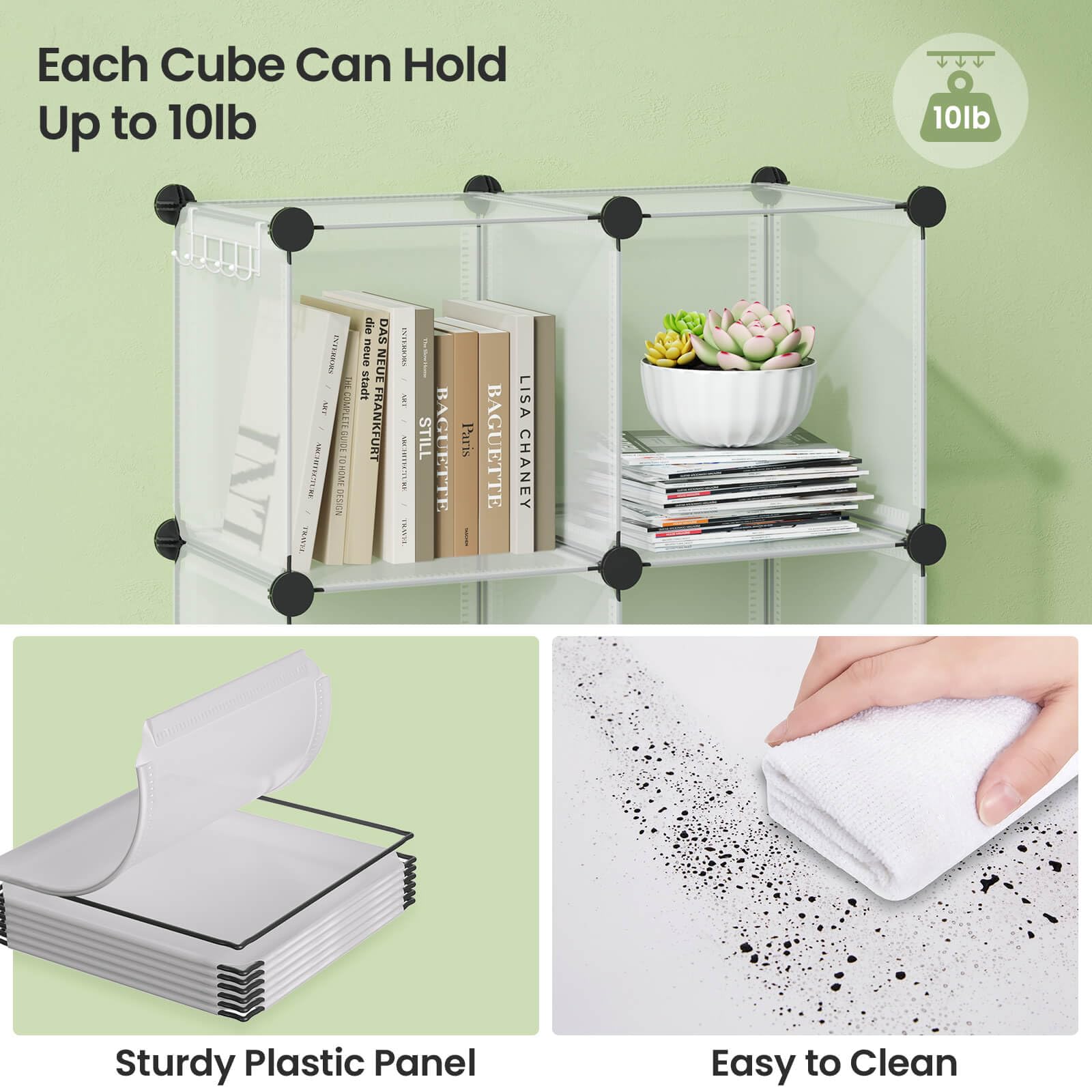 GREENSTELL 12-Cube Closet Organizer with Rubber Mallet - Portable Storage Shelves for Kids Clothes, Bedroom, Office - Transparent White | Space-Saving Wardrobe Solution for Small Rooms & Apartments