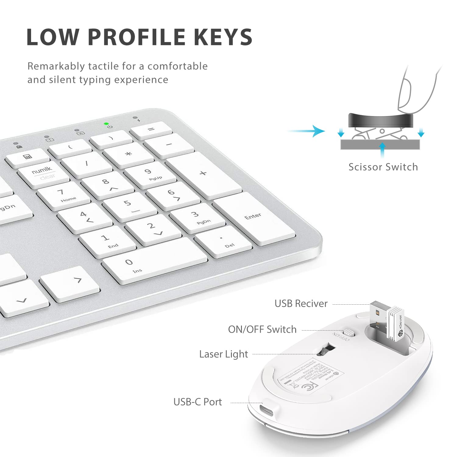 iClever Wireless Keyboard and Mouse Combo - GK08 White Ergonomic Full-Size Keyboard with Number Pad & Quiet Mouse - 2.4G Connection for Windows PC, Laptop, Office & Home Use
