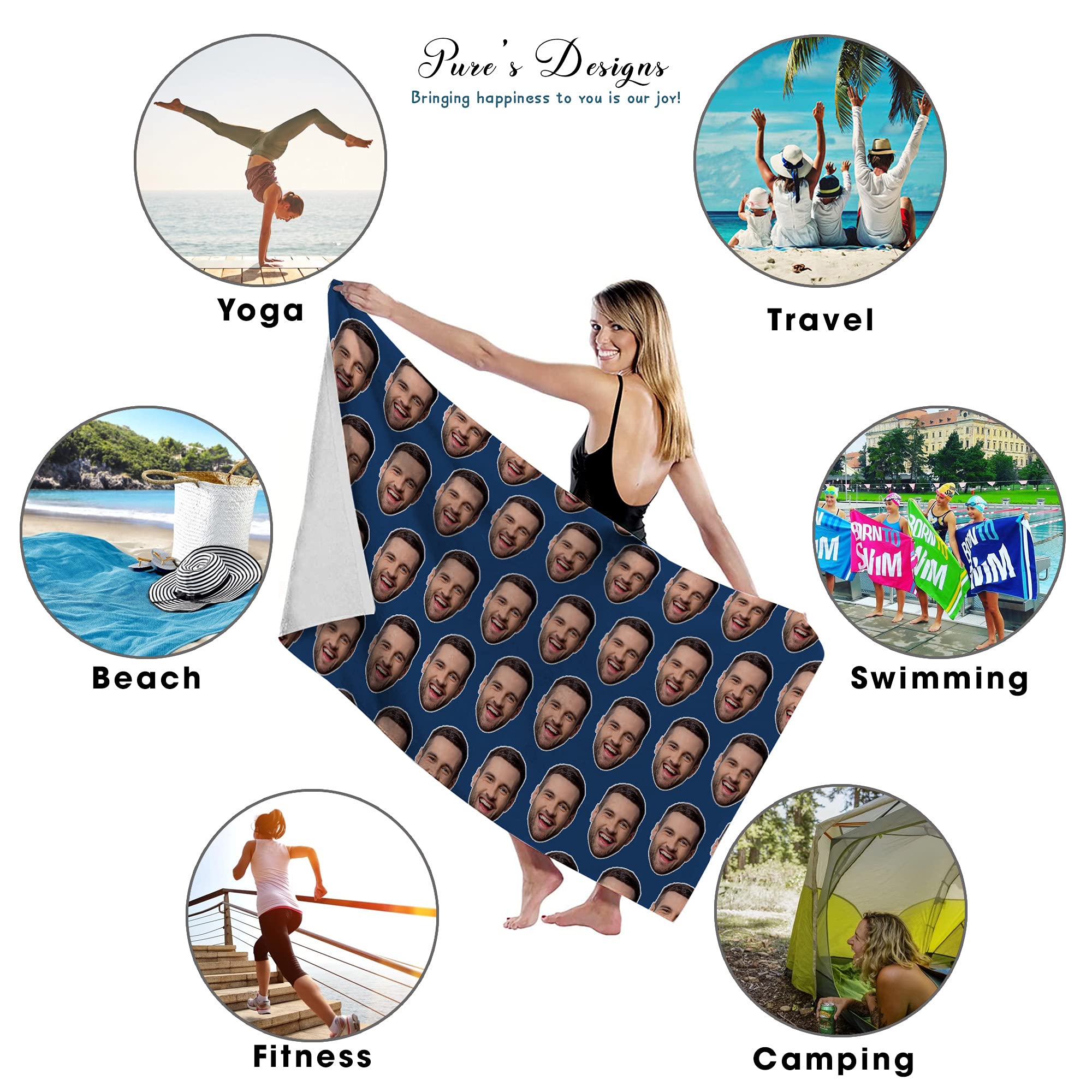 Custom Personalized Beach Towels for Adults with Names & Photos - Monogrammed Navy Blue Selfie Photo Beach Towel - Perfect for Beach Vacations, Pool Parties & Summer Gifts