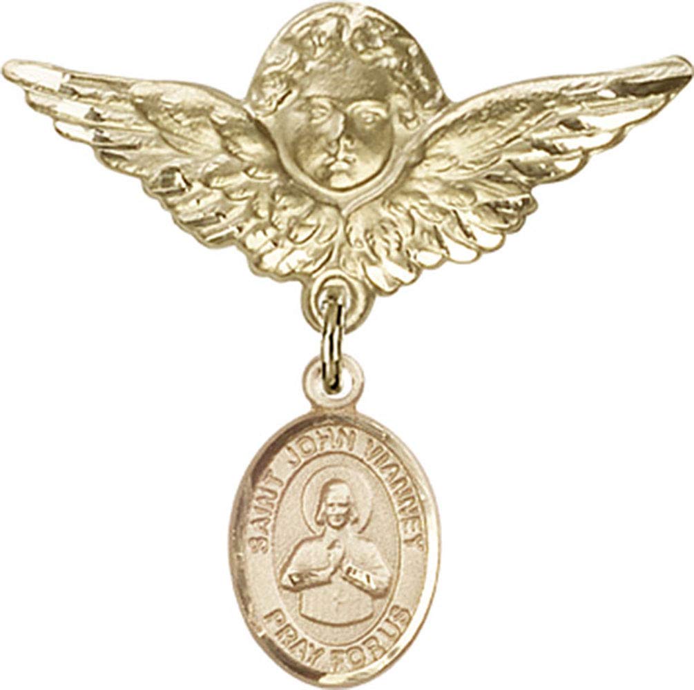 St. John Vianney & Angel Wing Gold Filled Baby Badge Pin - Religious Keepsake for Christening, Baptism & First Communion - Handmade in USA
