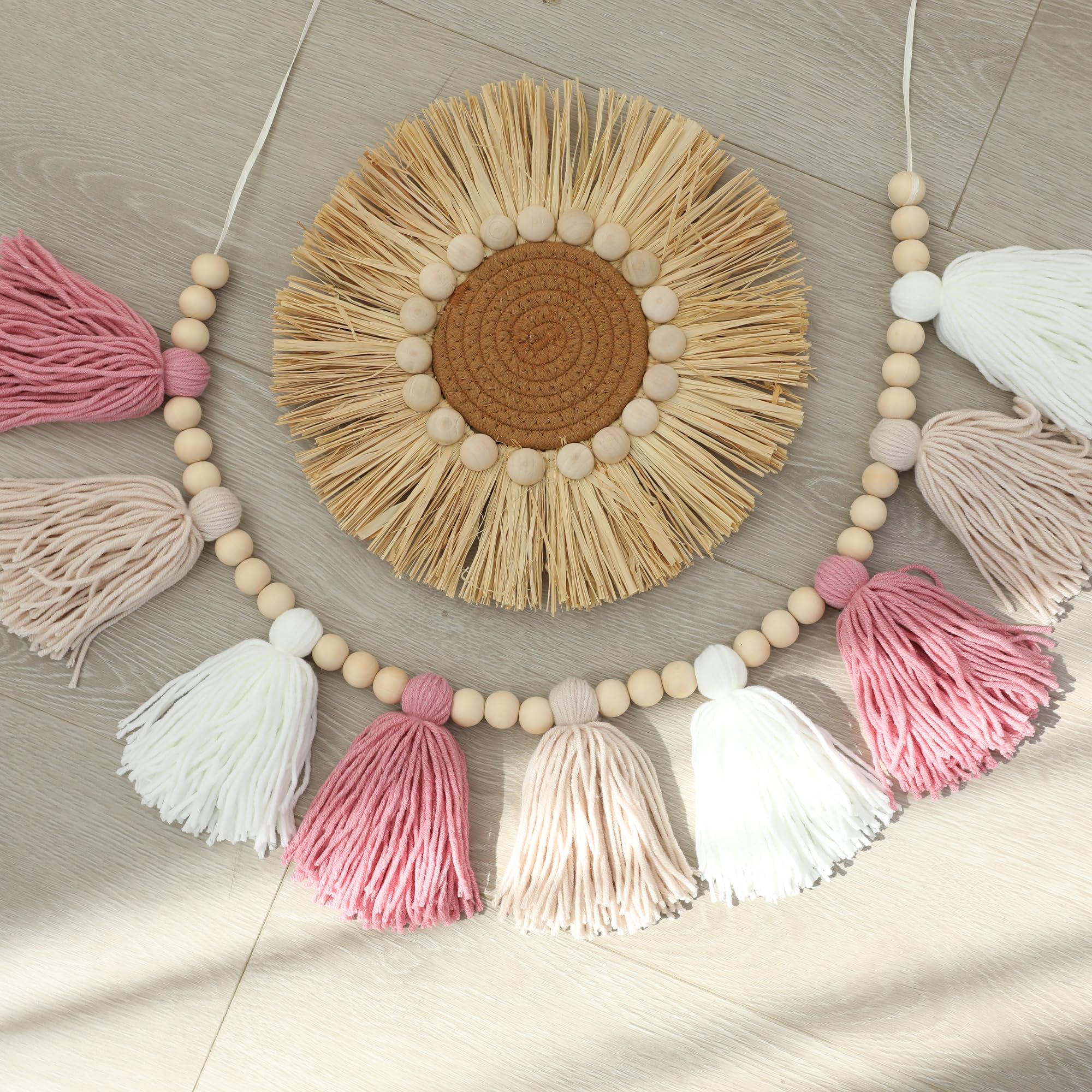 Boho Yarn Tassel Garland - Pink Decorative Banner with Natural Wood Beads | Perfect for Baby Shower Decor, Kids Bedroom, Nursery Wall Hanging & Boho Home Decor