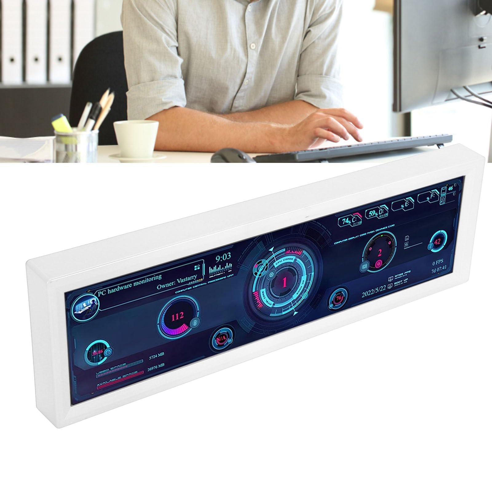 CIGIGLOW 8.8 Inch PC Temperature Monitor - HD IPS 1920x480 Display with Mini HDMI/USB - Real-Time CPU GPU RAM FPS HDD Data Screen for Gaming & Workstation (White) - Perfect for Gaming Rigs, Streaming Setups & Office Computers