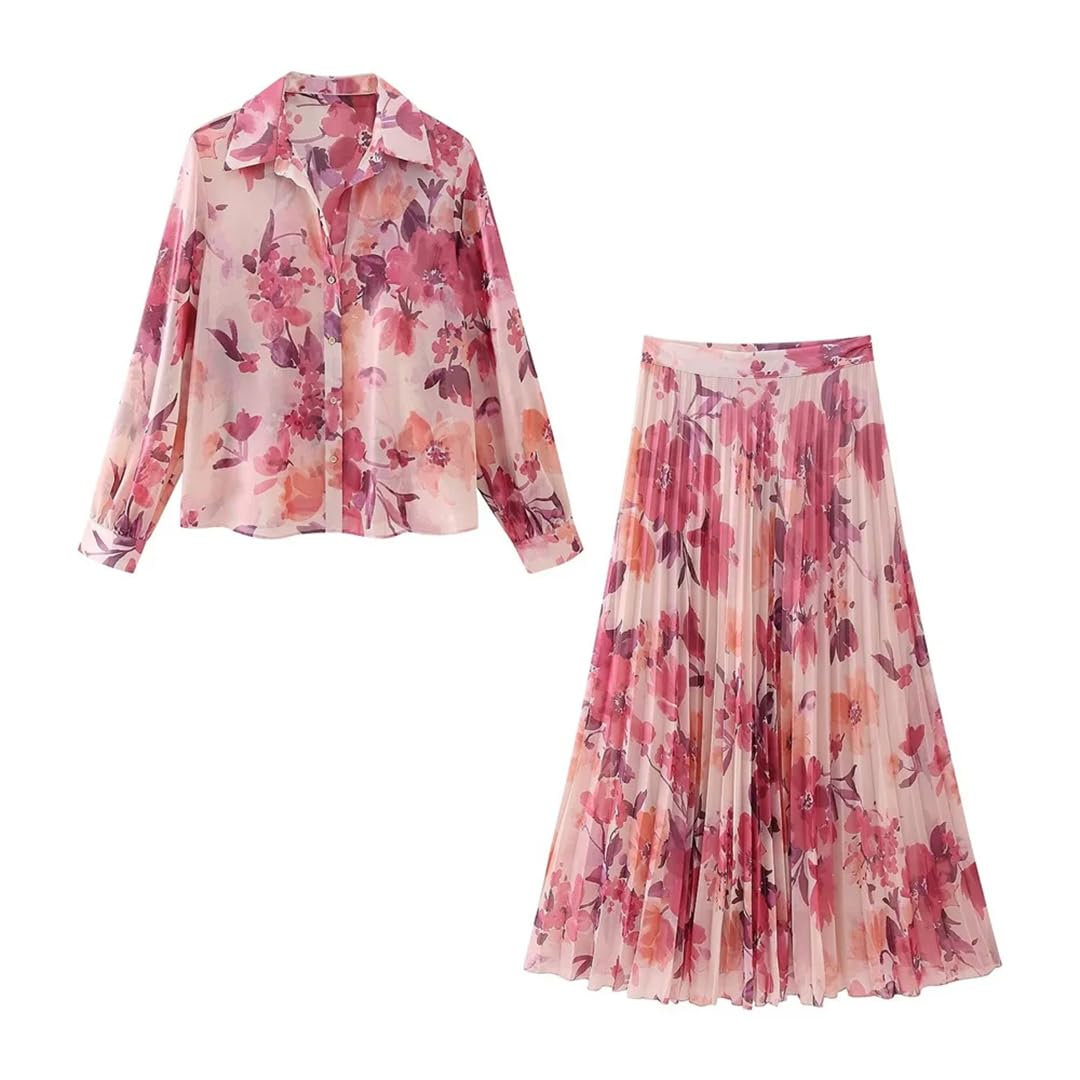 Women's Floral Print Shirt and Skirt Set - Long Sleeve Casual Outfit for Beach Vacation, Summer Travel & Boho Style | Perfect for Tropical Getaways, Resort Wear & Photo Shoots