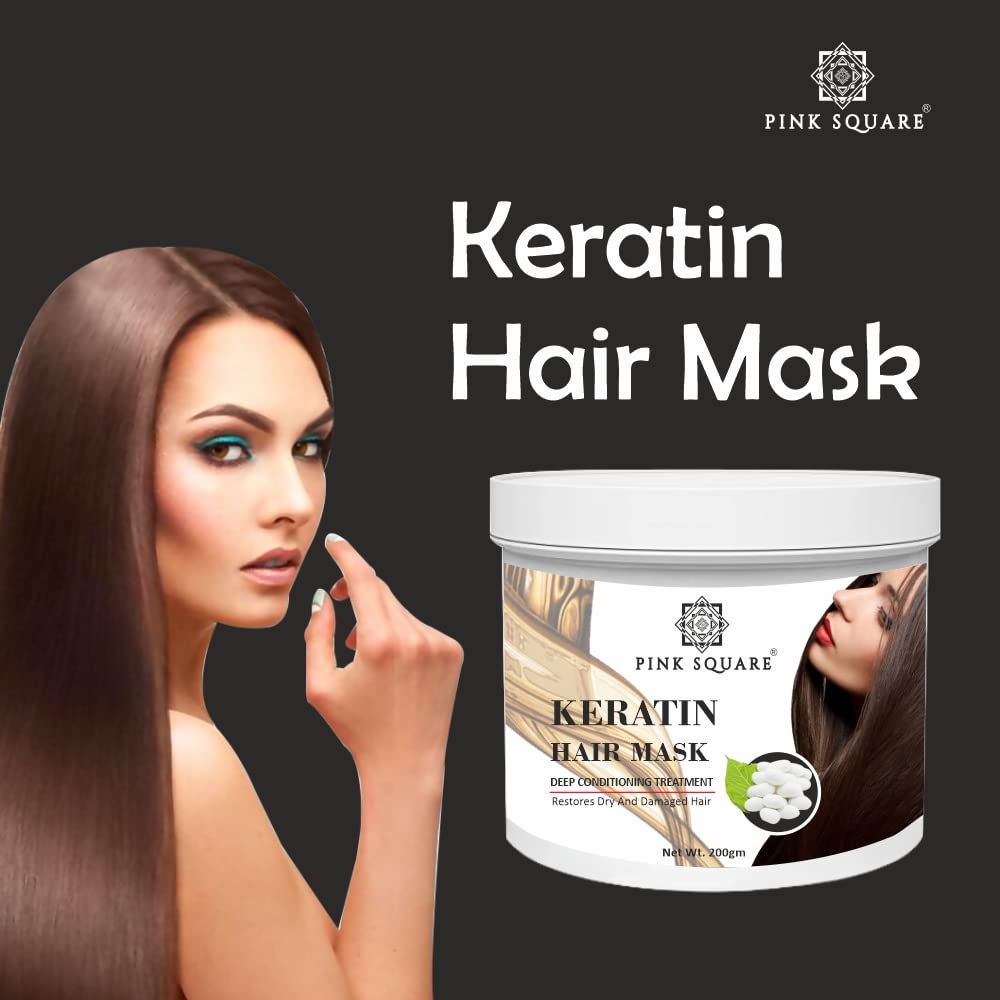 Pink Square Keratin Hair Mask for Intense Damaged Hair Repair - 200g Deep Conditioning Treatment for Dry & Damaged Hair - Salon Quality At-Home Hair Spa | Perfect for Post-Color Care & Weekly Hydration