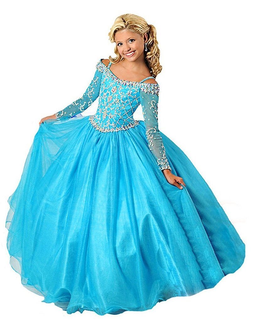 Dexin Crystal Ball Gowns for Girls - Long Sleeve Pageant Dresses for Special Occasions
