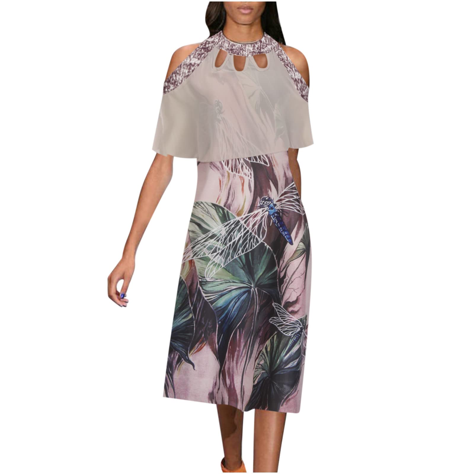 ESULOMP Women's Summer Floral Print Midi Dress - High Waist Off Shoulder Casual Beach Dress with Patchwork Sleeves | Perfect for Vacation, Pool Party and Summer Outings