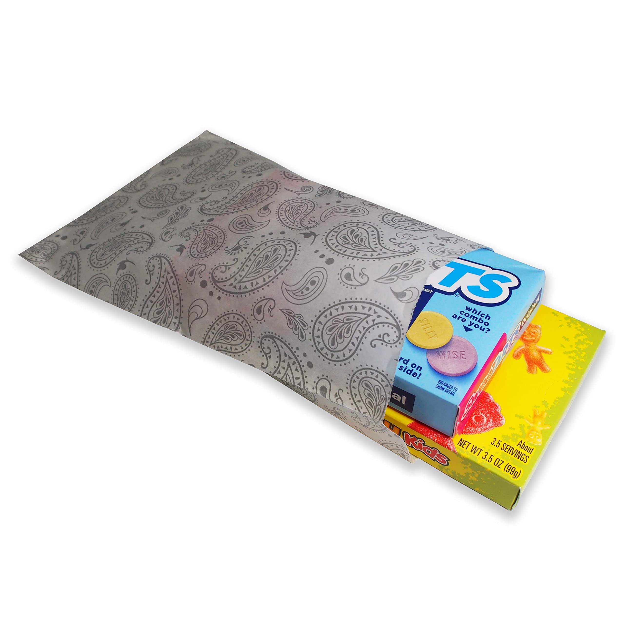 100 Pack 6x9 Inch Decorative Flat Paper Gift Bags - Elegant Silver Paisley Design on White Kraft - Perfect for Party Favors, Wedding Treats, Holiday Gifts & Cookie Packaging (N'icePackaging)