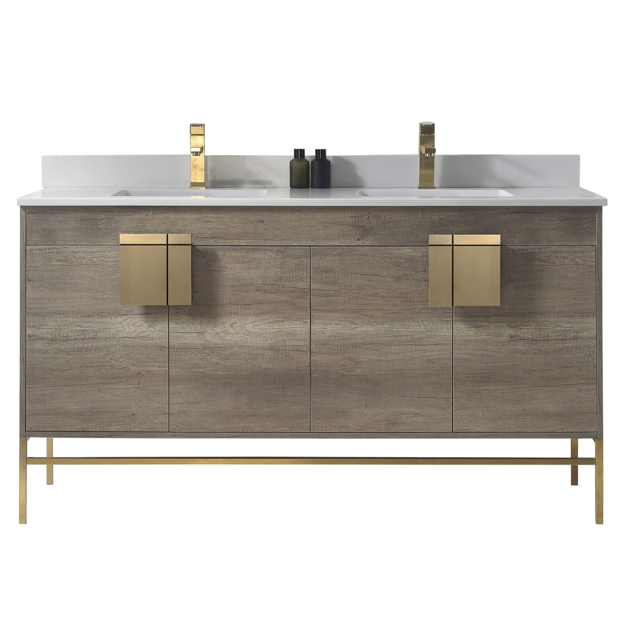 Modern Grey 60 Inch Bathroom Vanity Set with Satin Brass Hardware & Phoenix Stone Marble Top - Luxury Bathroom Fixture for Contemporary Homes | Perfect for Master Bathrooms, Guest Suites & Home Renovations