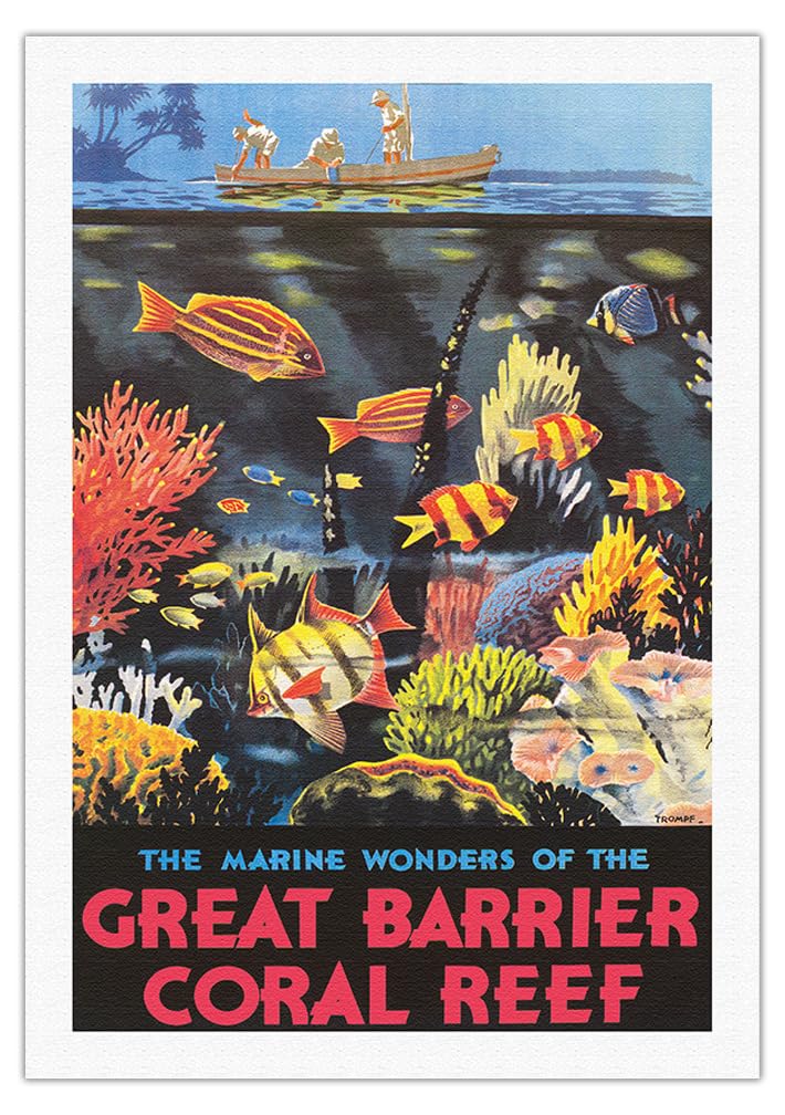 Vintage Great Barrier Reef Travel Poster by Percy Trompf c.1933 - 27x40in Fine Art Canvas Print - Queensland Australia Marine Wonders - Perfect for Beach House Decor & Coastal Theme Wall Art