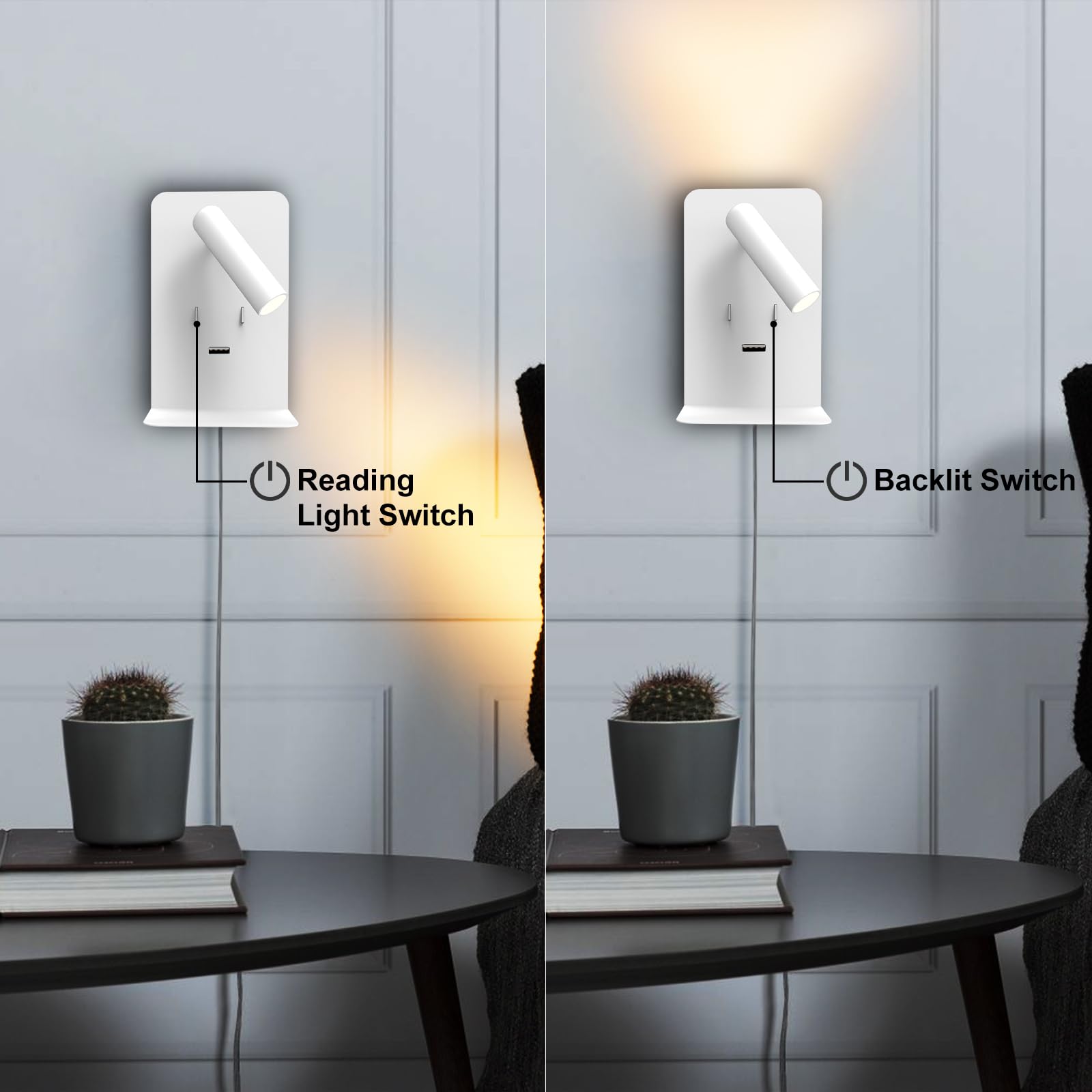 ZEROUNO Plug in Wall Light - LED Bedside Sconce with USB Port & Switch, 3000K Warm White, Wall Mounted Reading Lamp for Bedroom, Living Room, Dorm, Nursery (Easy Installation, Energy Efficient)